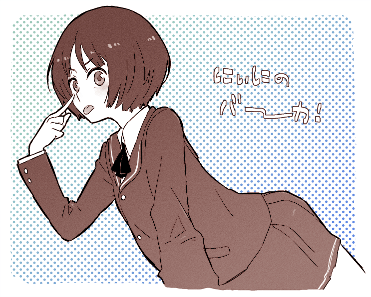 pe88y (yu tsugirls), tachibana miya, amagami, 1girl, :p, female focus, monochrome, school uniform, short hair, solo, tongue, tongue out