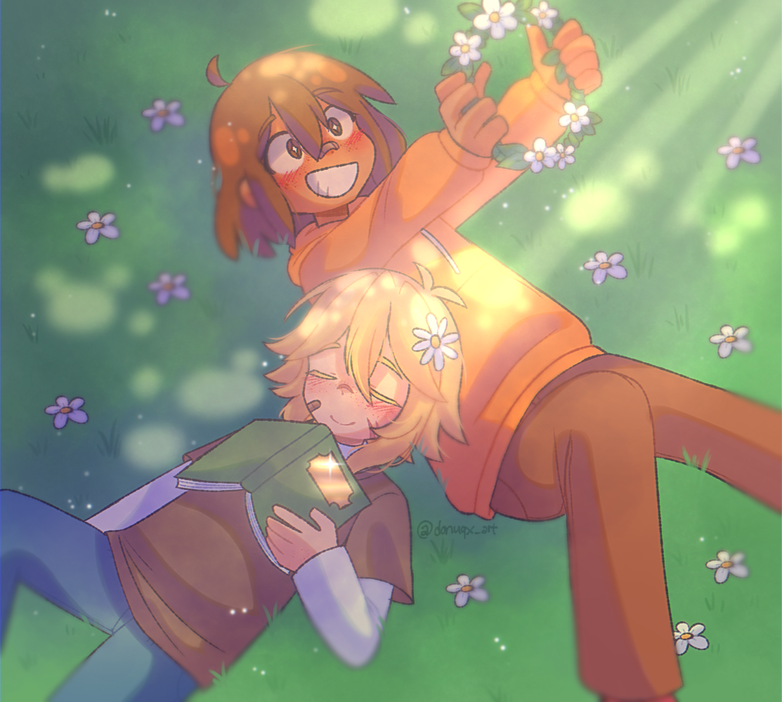 donuqx, basil (faraway) (omori), basil (omori), kel (faraway) (omori), kel (omori), omori, + +, 2boys, ahoge, alternate costume, alternate eye color, antenna hair, arms up, bandaid, bandaid on cheek, bandaid on face, blonde hair, blue pants, blush, book, bright pupils, brown eyes, brown hair, brown pants, brown shirt, closed eyes, closed mouth, dark-skinned male, dark skin, day, denim, double-parted bangs, flower, flower wreath, foreshortening, freckles, grass, grin, hair between eyes, hair flower, hair ornament, head wreath, holding head wreath, hood, hoodie, jeans, knee up, long sleeves, lying, male focus, multiple boys, on back, open mouth, orange hoodie, outdoors, pants, shirt, short hair, sidelocks, smile, teeth, tumblr username, white pupils