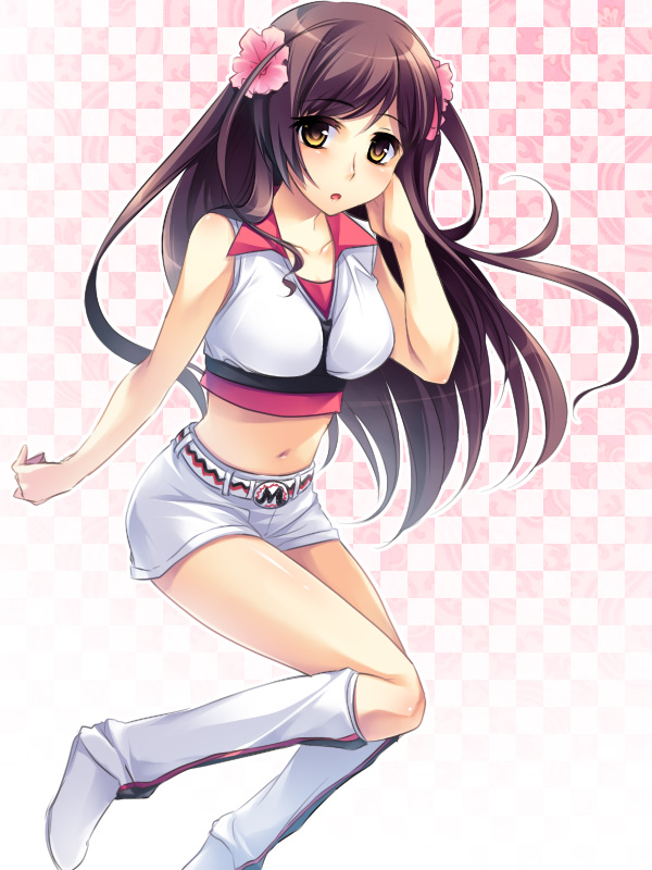 short-stop, taiwan (hetalia), axis powers hetalia, 00s, 1girl, ahoge, belt, boots, breasts, brown hair, female focus, flower, hair flower, hair ornament, large breasts, long hair, midriff, short shorts, shorts, solo