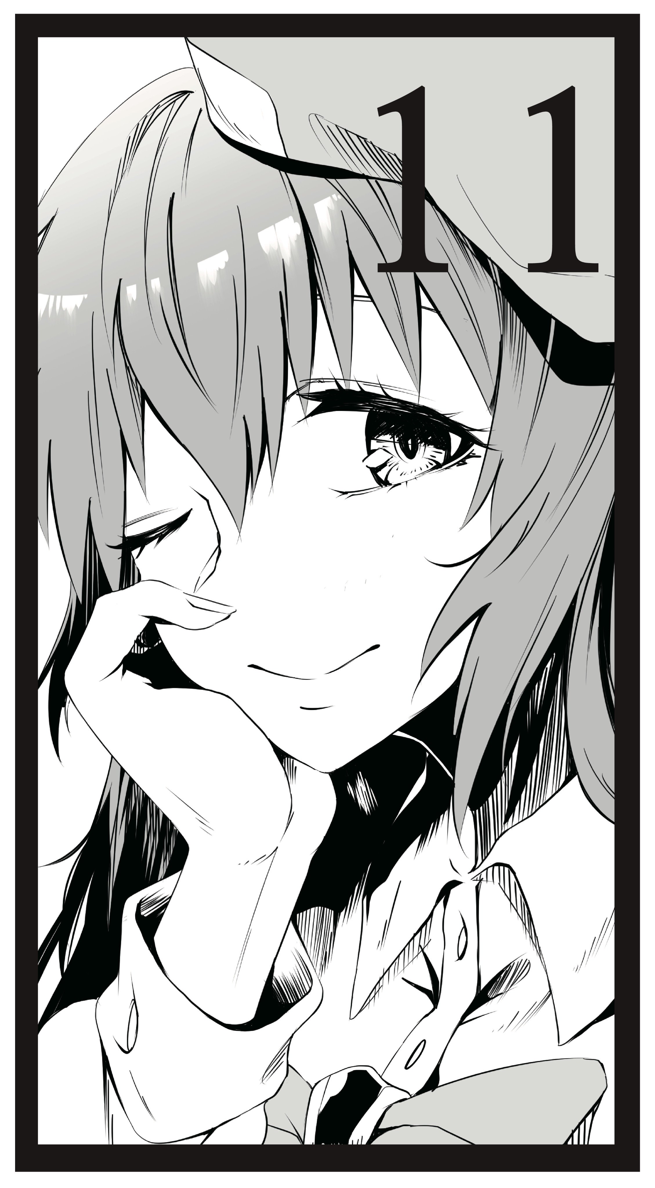 yakku, amane yuki, science adventure, steins;gate, steins;gate 0, absurdres, commentary request, highres, 1girl, beret, black border, border, chest bow, closed mouth, dress shirt, greyscale, hair between eyes, hat, long sleeves, looking at viewer, monochrome, one eye closed, shirt, smile, solo, upper body