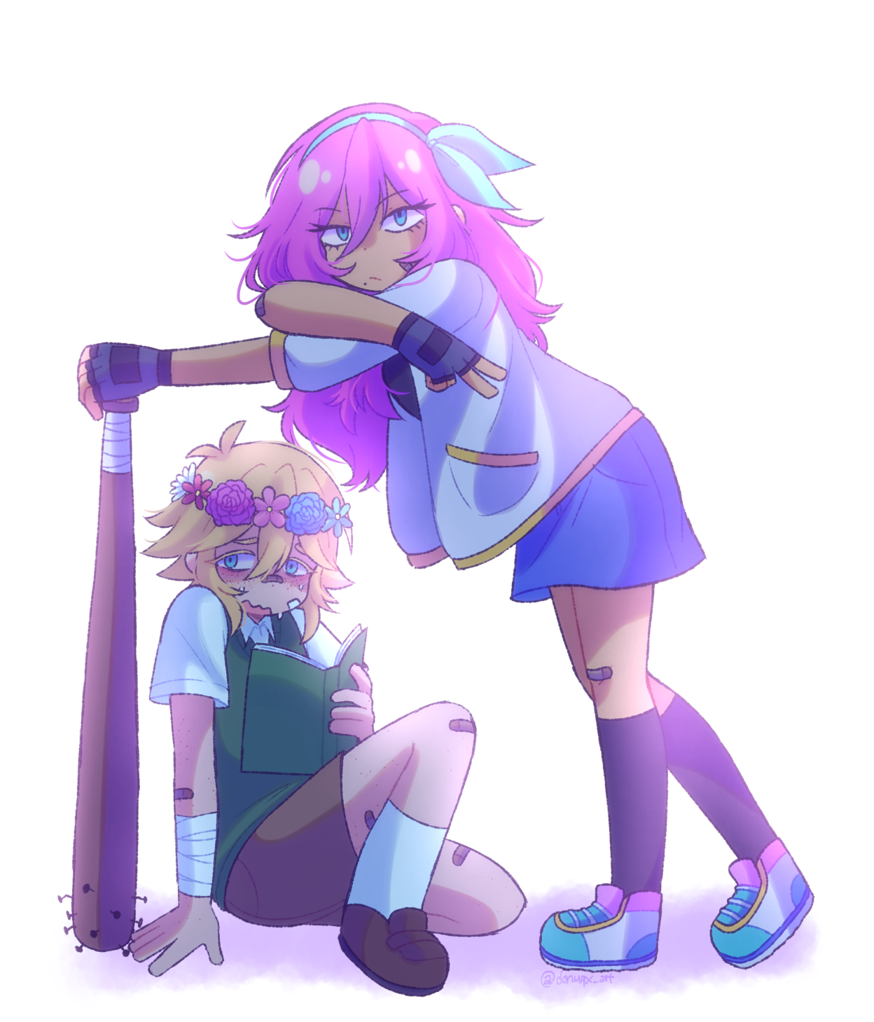 donuqx, aubrey (faraway) (omori), aubrey (omori), basil (faraway) (omori), basil (omori), omori, commentary, english commentary, highres, 1boy, 1girl, antenna hair, arm support, bandaged arm, bandages, bandaid, bandaid on arm, bandaid on cheek, bandaid on face, bandaid on knee, bandaid on leg, bandaid on nose, black socks, blonde hair, blue eyes, blue hairband, blue skirt, blush, brown shoes, brown shorts, closed mouth, collared shirt, denim, denim skirt, double-parted bangs, fingerless gloves, flower, flower wreath, freckles, gloves, green sweater vest, grey gloves, hair between eyes, hairband, head wreath, jacket, kneehighs, leaning forward, loafers, long hair, looking at viewer, mole, mole under mouth, open clothes, open jacket, open mouth, pink hair, shirt, shoes, short-sleeved jacket, short sleeves, shorts, sidelocks, simple background, skirt, sneakers, socks, standing, sweat, sweater vest, v, white background, white jacket, white shirt, white socks