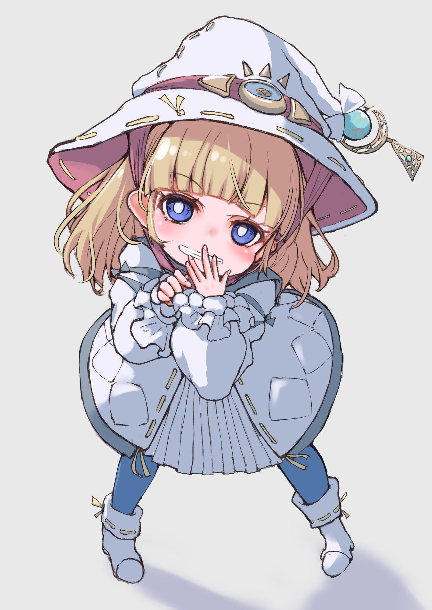 demimushi, diabellze the original sinkeeper, elzette of the white forest, yu-gi-oh!, commentary request, highres, 1girl, blonde hair, blue eyes, blue pantyhose, boots, dress, duel monster, from above, full body, grey background, grin, hat, long hair, long sleeves, looking at viewer, looking up, pantyhose, puffy long sleeves, puffy sleeves, ribbon-trimmed boots, shadow, simple background, sleeves past wrists, smile, solo, white boots, white dress, white hat, wings