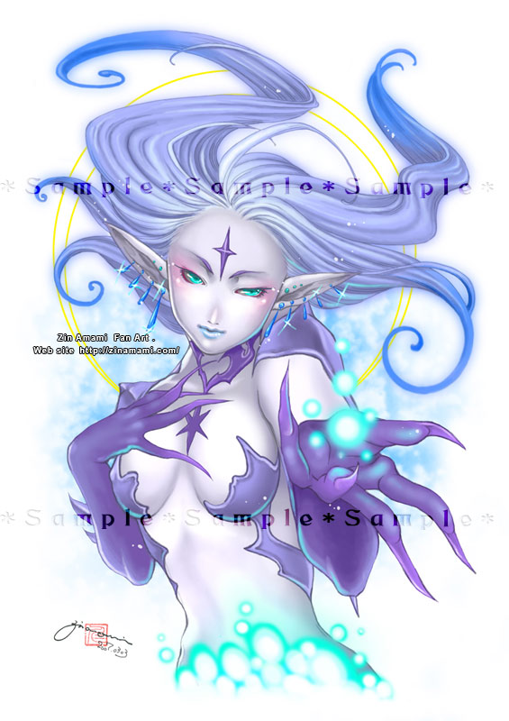 zin amami, shiva (final fantasy), final fantasy, final fantasy xi, 00s, 1girl, blue eyes, blue hair, blue lips, blue skin, breasts, claws, cleavage, colored skin, earrings, female focus, jewelry, long hair, matching hair/eyes, midriff, pasties, pointy ears, solo, white background