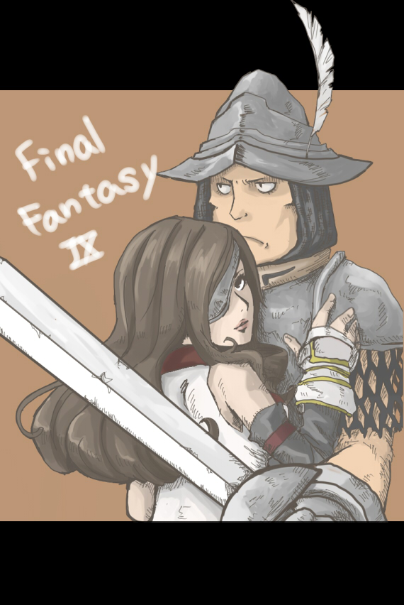 hanimitsu, adelbert steiner, beatrix, final fantasy, final fantasy ix, 00s, armor, bare shoulders, brown hair, couple, elbow gloves, eyepatch, fingerless gloves, gloves, helmet, long hair, looking back, sword, weapon