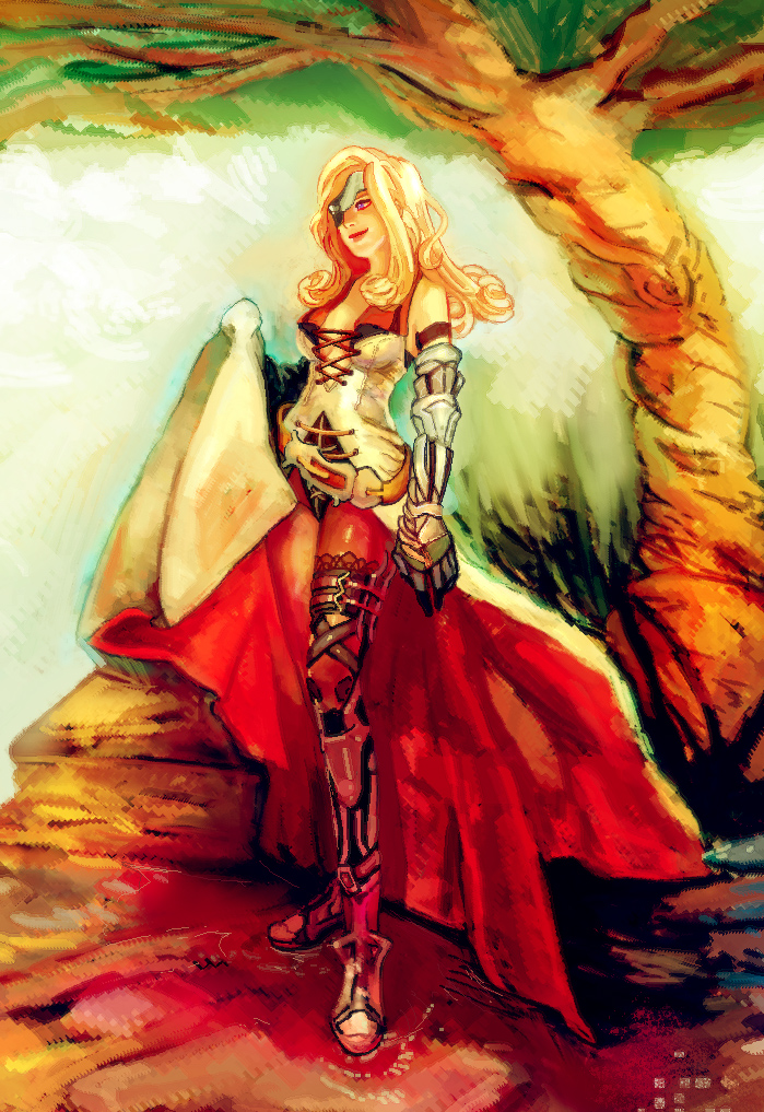 jugo, jugo (beger), jyugo, beatrix, final fantasy, final fantasy ix, looking away, bad id, bad pixiv id, 00s, 1girl, armor, bare shoulders, belt, blonde hair, blue eyes, breasts, cleavage, drill hair, eyepatch, female focus, full body, gauntlets, long hair, pantyhose, smile, solo, standing, thighhighs, tree, yellow theme