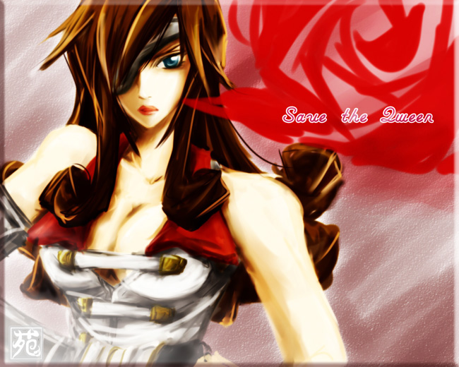 beatrix, final fantasy, final fantasy ix, 00s, 1girl, bare shoulders, blue eyes, breasts, brown hair, cleavage, eyepatch, female focus, long hair, solo