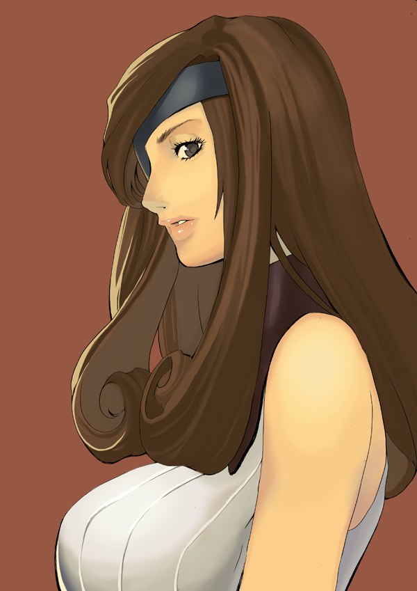 ishiima, beatrix, final fantasy, final fantasy ix, 00s, 1girl, bare shoulders, black eyes, breasts, brown hair, curly hair, eyepatch, female focus, long hair, simple background, solo