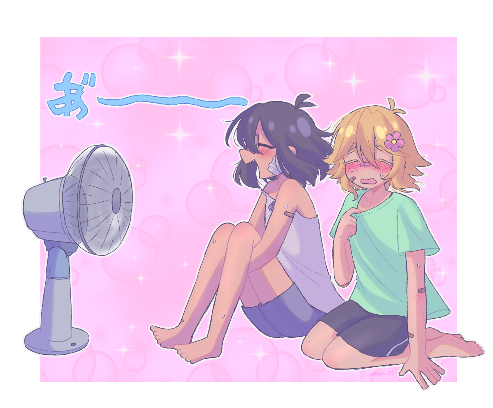 donuqx, basil (faraway) (omori), basil (omori), mincy (omori), omori, highres, translated, 1boy, 1girl, alternate costume, antenna hair, bandaid, bandaid on arm, bandaid on knee, bandaid on leg, barefoot, black hair, black shorts, blonde hair, blush, closed eyes, dark-skinned female, dark skin, electric fan, flower, glasses, green shirt, grey tank top, hair flower, hair ornament, open mouth, red-framed eyewear, seiza, shirt, short hair, short sleeves, shorts, sidelocks, sitting, smile, sweat, t-shirt, tank top