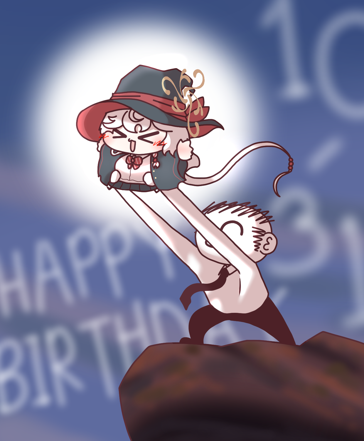 eri (blue archive), sensei (blue archive), blue archive, commentary request, highres, > <, 1boy, 1girl, :3, black necktie, blue sky, closed eyes, halo, hat, meme, necktie, open mouth, rafiki holding simba (meme), shirt, sky, white hair, white shirt, witch hat