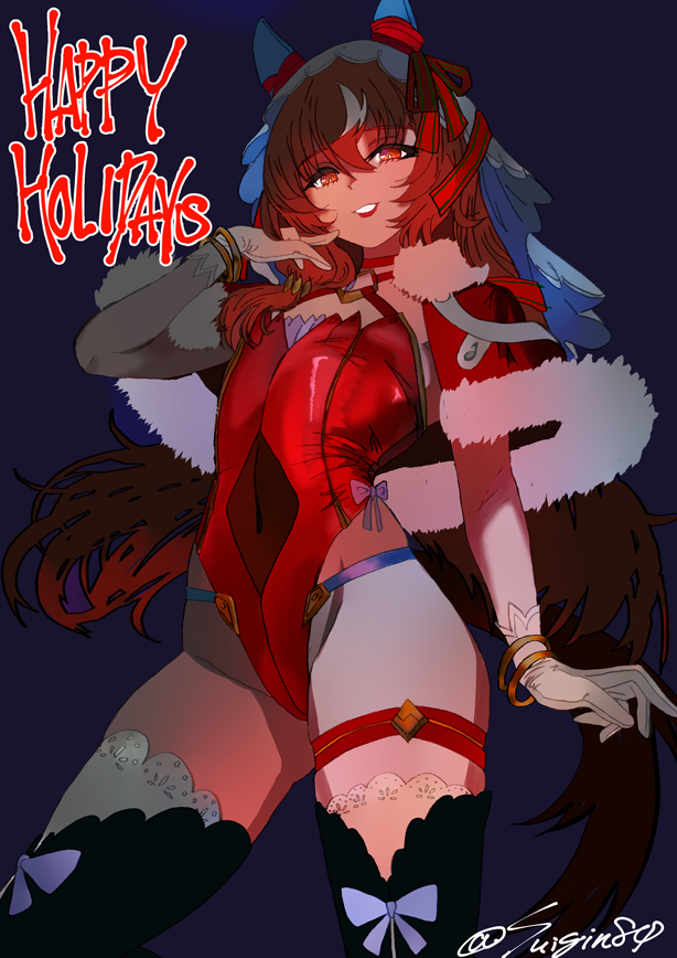 still in love (scarlet vow raiment) (umamusume), still in love (umamusume), umamusume, commentary request, 1girl, animal ears, brown hair, capelet, cowboy shot, ear covers, fur-trimmed capelet, fur trim, gloves, horse ears, horse girl, horse tail, leotard, long hair, looking at viewer, red capelet, red eyes, red leotard, smile, solo, strapless, strapless leotard, suigin80, tail, twitter username, veil, white gloves