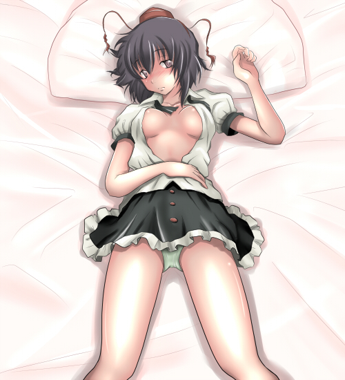 ao usagi, shameimaru aya, touhou, 1girl, bed, black hair, blush, embarrassed, female focus, hat, looking at viewer, lying, panties, short hair, skirt, solo, tokin hat, underwear