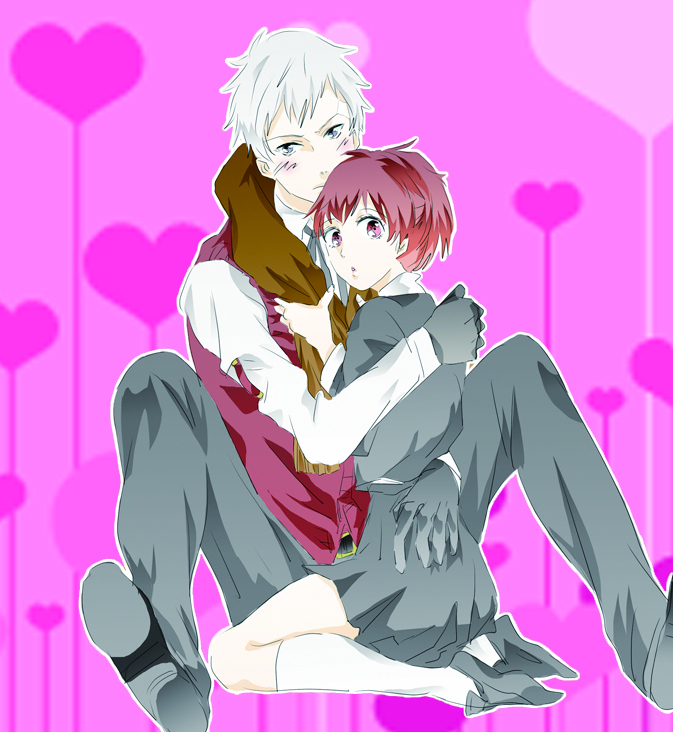 sanada akihiko, shiomi kotone, atlus, persona, persona 3, persona 3 portable, bad id, bad pixiv id, 1boy, 1girl, bandages, blush, couple, hetero, school uniform, short hair, skirt