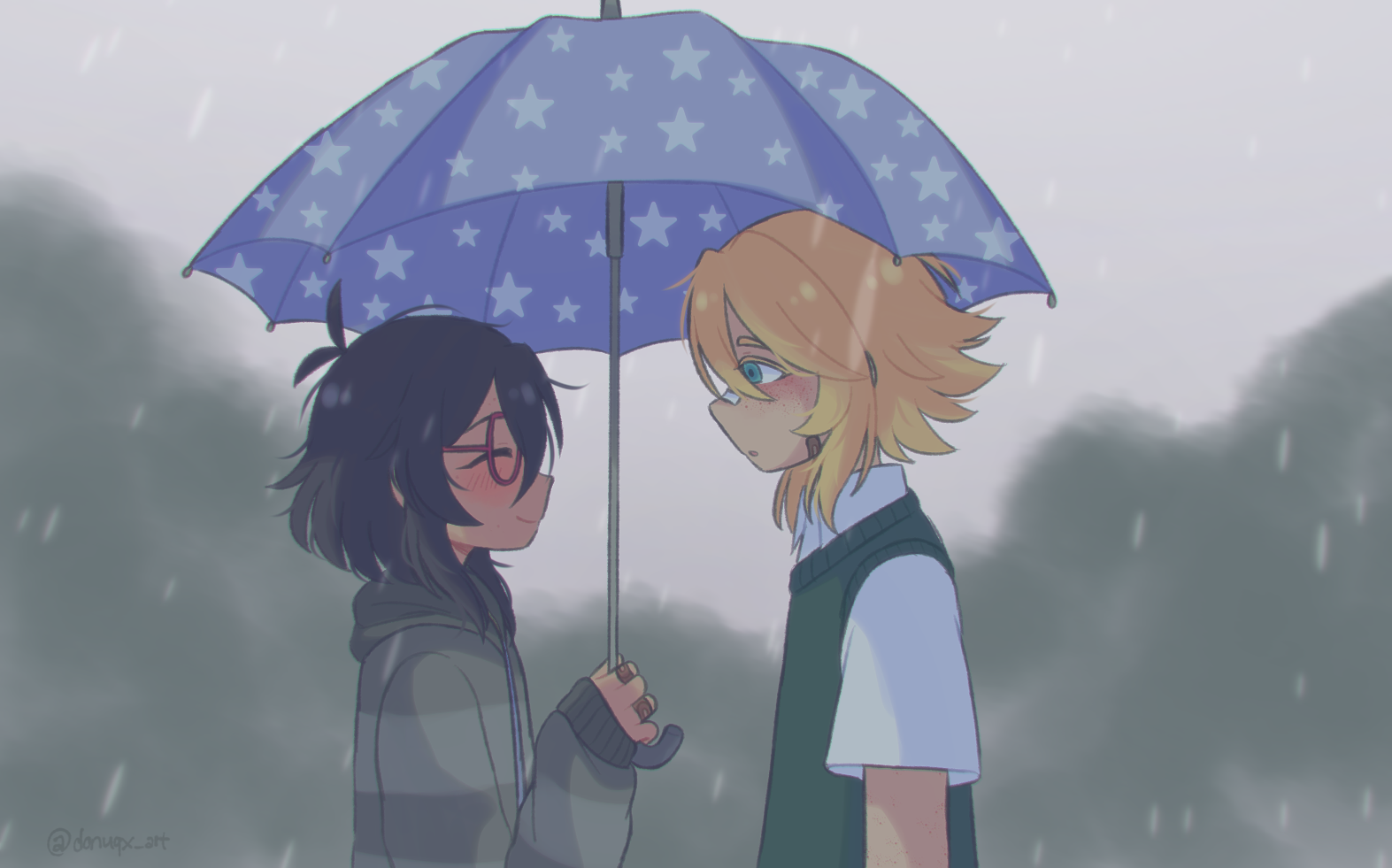 donuqx, basil (faraway) (omori), basil (omori), mincy (omori), omori, commentary, english commentary, 1boy, 1girl, antenna hair, bandaid, bandaid on cheek, bandaid on face, bandaid on finger, bandaid on hand, bandaid on nose, blonde hair, blue eyes, blurry, blurry background, blush, closed eyes, closed mouth, collared shirt, glasses, green sweater vest, grey jacket, holding, holding umbrella, hood, hood down, hooded jacket, jacket, long sleeves, looking at another, medium hair, parted lips, rain, red-framed eyewear, shirt, short hair, short sleeves, sidelocks, smile, striped clothes, striped jacket, sweater vest, tumblr username, umbrella, white shirt