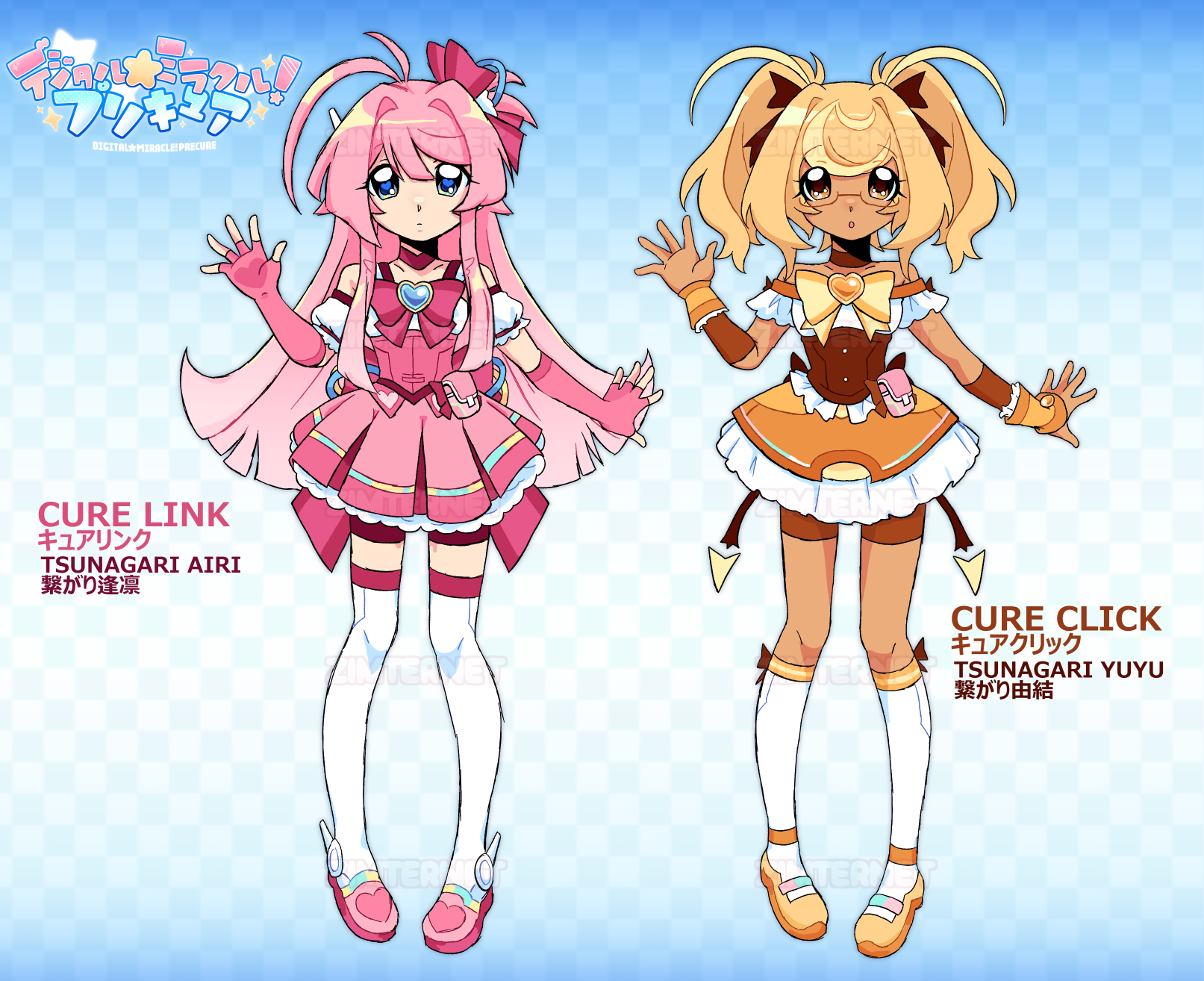 original, precure, commentary, english commentary, highres, 2000s (style), 2girls, ahoge, bike shorts, blonde hair, boots, bow, brown corset, brown eyes, character name, corset, dark-skinned female, dark skin, dress, faux retro artstyle, full body, huge ahoge, long hair, looking at viewer, magical girl, multiple girls, pink bow, pink dress, pink hair, shoes, skirt, standing, thigh boots, twintails, very long hair, watermark, yellow shoes, zimternet