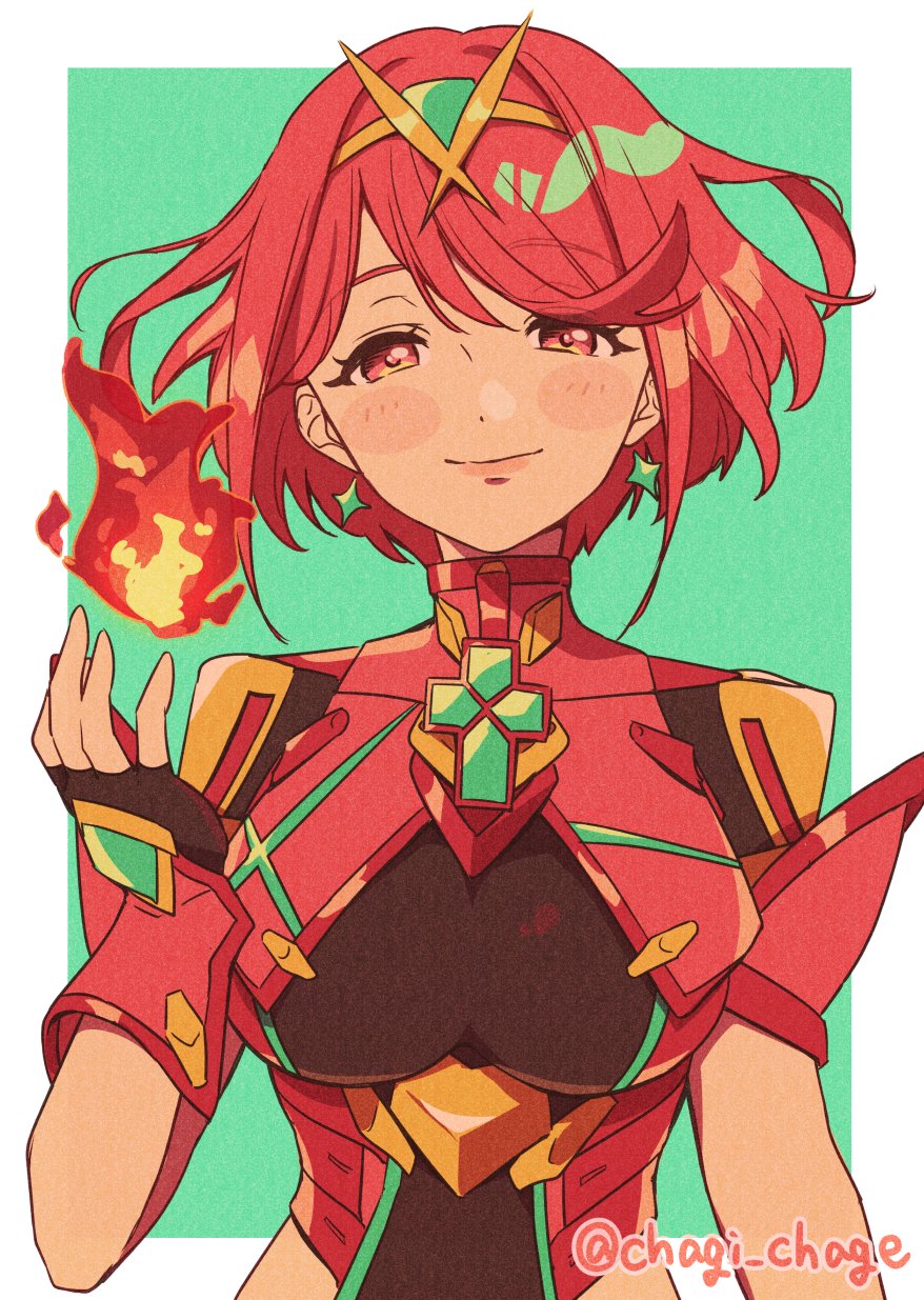 chagi chage, pyra (xenoblade), xenoblade chronicles (series), xenoblade chronicles 2, commentary request, highres, revision, 1girl, black gloves, blush stickers, border, breasts, closed mouth, earrings, fingerless gloves, fire, gloves, green background, jewelry, looking at viewer, outside border, pyrokinesis, red eyes, red hair, short hair, smile, solo, twitter username, upper body, white border