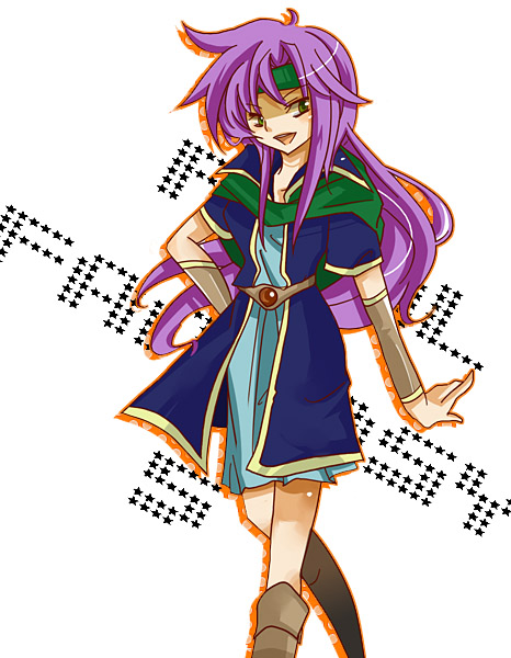 hitori basanda, faris scherwiz, final fantasy, final fantasy v, 1990s (style), 1girl, belt, boots, detached sleeves, dress, female focus, green eyes, headband, long hair, open mouth, purple hair, solo, white background