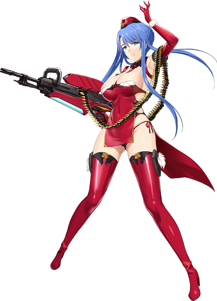 onigirikun, ellis xillia, ixseal, choukou (alicesoft), choukou shinki ixseal, choukou taisen escalation heroines, highres, official art, 1girl, ammunition belt, arm up, bare shoulders, blue eyes, blue hair, boots, breasts, cleavage, covered navel, elbow gloves, full body, fur trim, garrison cap, gloves, gun, hat, large breasts, red boots, red gloves, solo, thigh boots, thighs, weapon