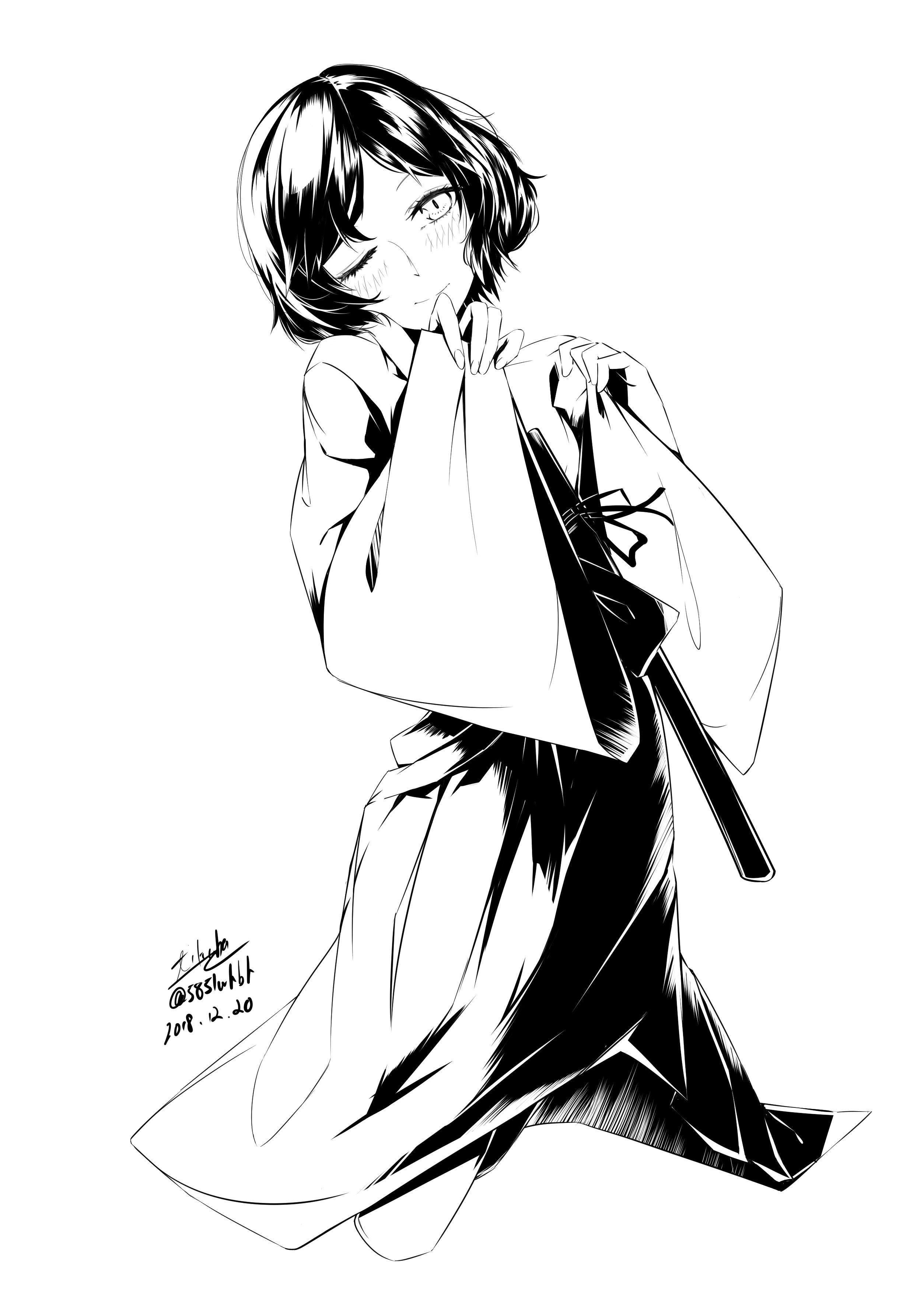 yakku, urushibara luka, science adventure, steins;gate, absurdres, commentary request, highres, 1boy, artist name, black hair, blush, dated, full body, greyscale, hair ornament, hairclip, hakama, hakama skirt, holding, japanese clothes, kosode, long sleeves, looking at viewer, male focus, miko, monochrome, one eye closed, seductive smile, short hair, signature, simple background, skirt, skull hair ornament, smile, solo, trap, twitter username, white background, wide sleeves