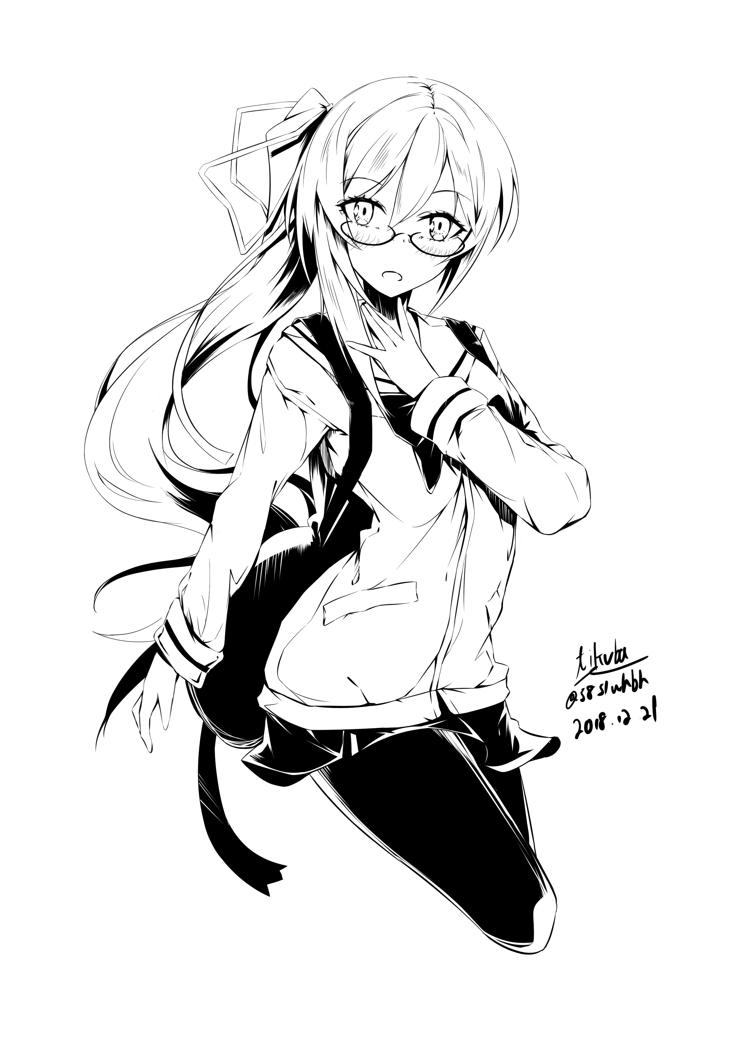 yakku, yamazoe uki, chaos;child, science adventure, absurdres, commentary request, highres, 1girl, black pantyhose, bow, cardigan, glasses, greyscale, hair between eyes, hair ribbon, hekiho academy school uniform, long hair, long sleeves, looking at viewer, monochrome, one side up, pantyhose, ribbon, sailor collar, school uniform, shirt, side ponytail, simple background, solo, white background, white ribbon