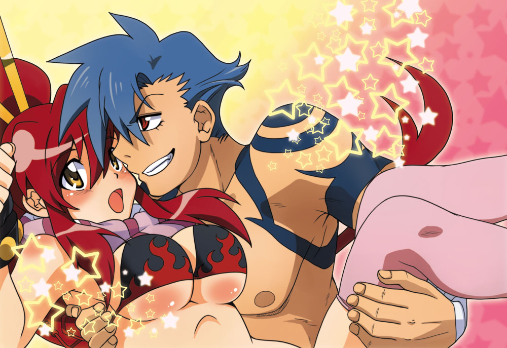 suika soda, kamina (ttgl), yoko littner, tengen toppa gurren lagann, 00s, 1boy, 1girl, bikini, bikini top only, blue hair, blush, breasts, carrying, chopsticks, couple, fingerless gloves, gloves, grin, hetero, holding, pink thighhighs, princess carry, red eyes, red hair, scarf, smile, star (symbol), swimsuit, tattoo, thighhighs, underboob, yellow eyes