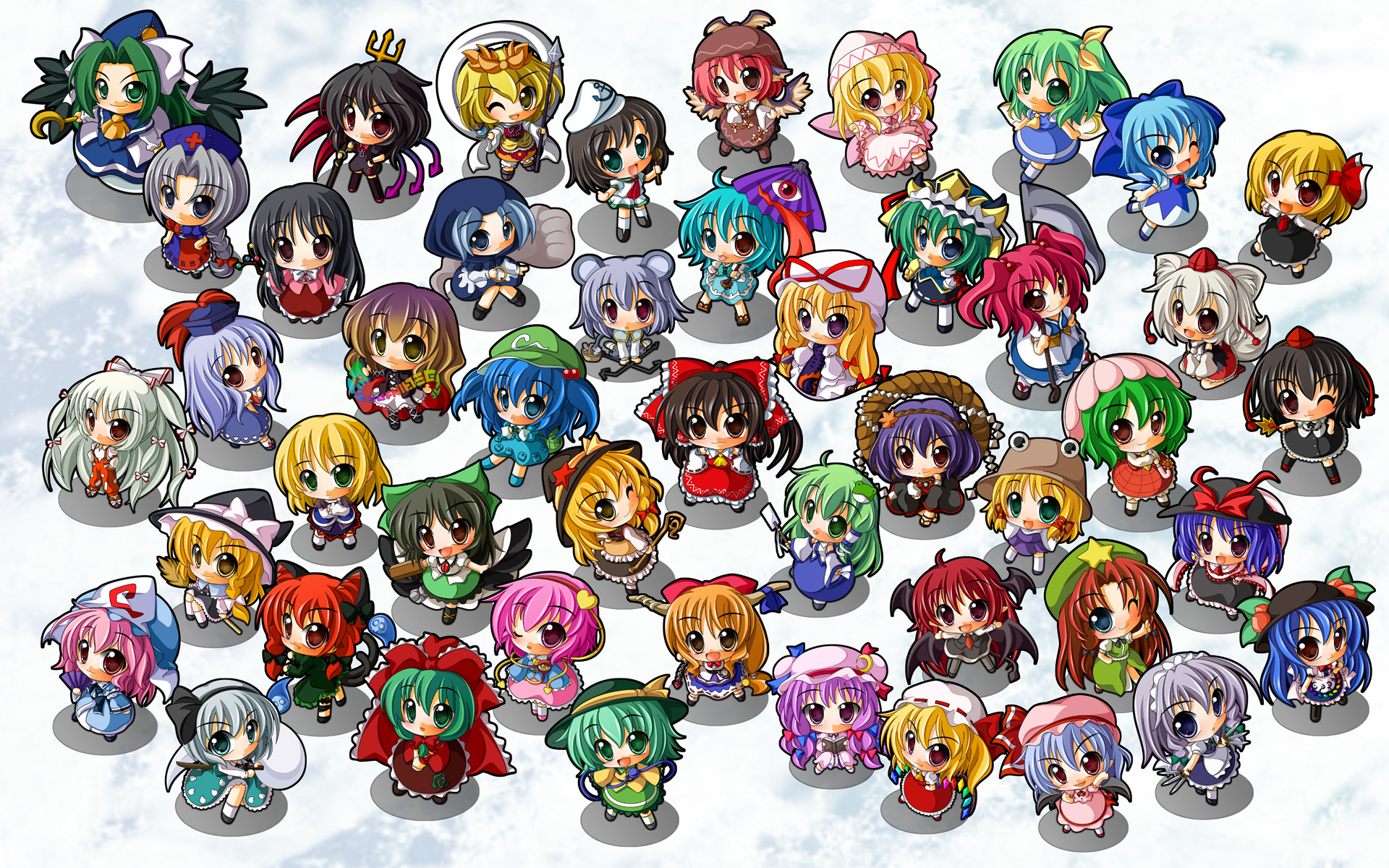 shinjitsu, alice margatroid, cirno, daiyousei, flandre scarlet, fujiwara no mokou, hakurei reimu, hijiri byakuren, hinanawi tenshi, hong meiling, houjuu nue, houraisan kaguya, ibuki suika, inubashiri momiji, izayoi sakuya, kaenbyou rin, kagiyama hina, kamishirasawa keine, kawashiro nitori, kazami yuuka, kirisame marisa, koakuma, kochiya sanae, komeiji koishi, komeiji satori, konpaku youmu, konpaku youmu (ghost), kumoi ichirin, lily white, mima (touhou), mizuhashi parsee, moriya suwako, murasa minamitsu, mystia lorelei, nagae iku, nazrin, onozuka komachi, patchouli knowledge, reisen udongein inaba, reiuji utsuho, remilia scarlet, rumia, saigyouji yuyuko, shameimaru aya, tatara kogasa, toramaru shou, wriggle nightbug, yagokoro eirin, yakumo yukari, yasaka kanako, touhou, touhou (pc-98), silver hair, bad id, bad pixiv id, highres, 6+girls, animal ears, asymmetrical hair, bishamonten's pagoda, black hair, blonde hair, blue eyes, blue hair, bow, brown hair, cat ears, chibi, everyone, fairy wings, gap (touhou), ghost tail, gradient hair, green hair, grin, hair bobbles, hair bow, hair ornament, hair ribbon, hair tubes, hand fan, hat, head wings, heterochromia, horns, karakasa obake, long hair, mouse ears, multicolored hair, multiple girls, multiple tails, one eye closed, plaid clothes, plaid skirt, polearm, red eyes, ribbon, rope, scythe, shawl, shimenawa, short hair, side ponytail, skirt, skirt set, smile, spear, sword, tail, tokin hat, trident, two side up, umbrella, wand, weapon, wings, wink, wizard hat, yellow eyes