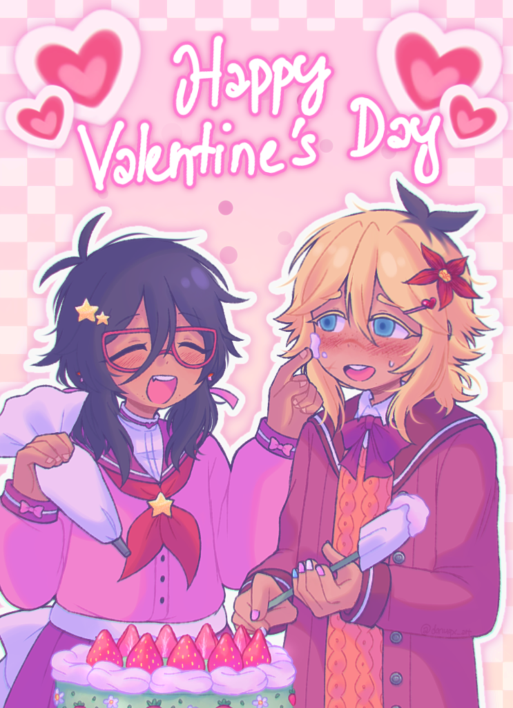 donuqx, basil (faraway) (omori), basil (omori), omori, commentary, symbol-only commentary, 2girls, alternate costume, alternate skin color, black hair, blonde hair, blue eyes, blue nails, cake, closed eyes, dark-skinned female, dark skin, double-parted bangs, flower, food, fruit, genderswap, genderswap (mtf), glasses, hair between eyes, hair flower, hair ornament, hairclip, happy valentine, heart, long sleeves, looking at another, medium hair, multicolored hair, multicolored nails, multiple girls, neckerchief, pink nails, pleated skirt, red-framed eyewear, red neckerchief, red skirt, roots (hair), short hair, sidelocks, skirt, star (symbol), star hair ornament, strawberry, sweatdrop, teeth, upper teeth only, white nails, yuri