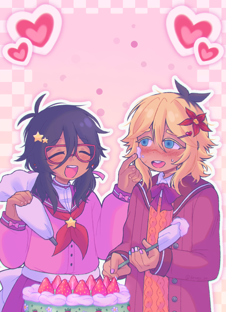donuqx, basil (faraway) (omori), basil (omori), omori, commentary, symbol-only commentary, 2girls, alternate costume, alternate skin color, black hair, blonde hair, blue eyes, blue nails, cake, closed eyes, dark-skinned female, dark skin, double-parted bangs, flower, food, fruit, genderswap, genderswap (mtf), glasses, hair between eyes, hair flower, hair ornament, hairclip, heart, long sleeves, looking at another, medium hair, multicolored hair, multicolored nails, multiple girls, neckerchief, pink nails, pleated skirt, red-framed eyewear, red neckerchief, red skirt, roots (hair), short hair, sidelocks, skirt, star (symbol), star hair ornament, strawberry, sweatdrop, teeth, upper teeth only, white nails, yuri