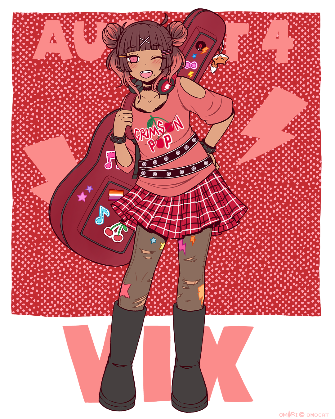 donuqx, omori, original, commentary, english commentary, highres, 1girl, ;d, beamed eighth notes, belt, black belt, black boots, black bra, blunt bangs, boots, border, bra, bra peek, bracelet, brown hair, character name, cherry print, clothes writing, clothing cutout, collarbone, contrapposto, copyright notice, dark-skinned female, dark skin, dated, double bun, eighth note, english text, fang, flat color, food print, fruit print, full body, grey pantyhose, guitar case, hair bun, hair ornament, hand on own hip, happy birthday, headphones, headphones around neck, holding case, instrument case, instrument case on back, jewelry, knee boots, lace, lace-trimmed bra, lace trim, lesbian flag, lightning bolt symbol, medium hair, miniskirt, mole, mole under mouth, multicolored hair, musical note, omocat (style), one eye closed, open mouth, outside border, pantyhose, pink eyes, plaid clothes, plaid skirt, pleated skirt, polka dot, polka dot background, red background, red hair, red shirt, red skirt, round teeth, shirt, short sleeves, shoulder cutout, simple background, skirt, smile, solo, spiked bracelet, spikes, standing, standing on one leg, star (symbol), streaked hair, teeth, torn clothes, torn pantyhose, two-tone hair, underwear, upper teeth only, vix (donuqx), white border, x hair ornament