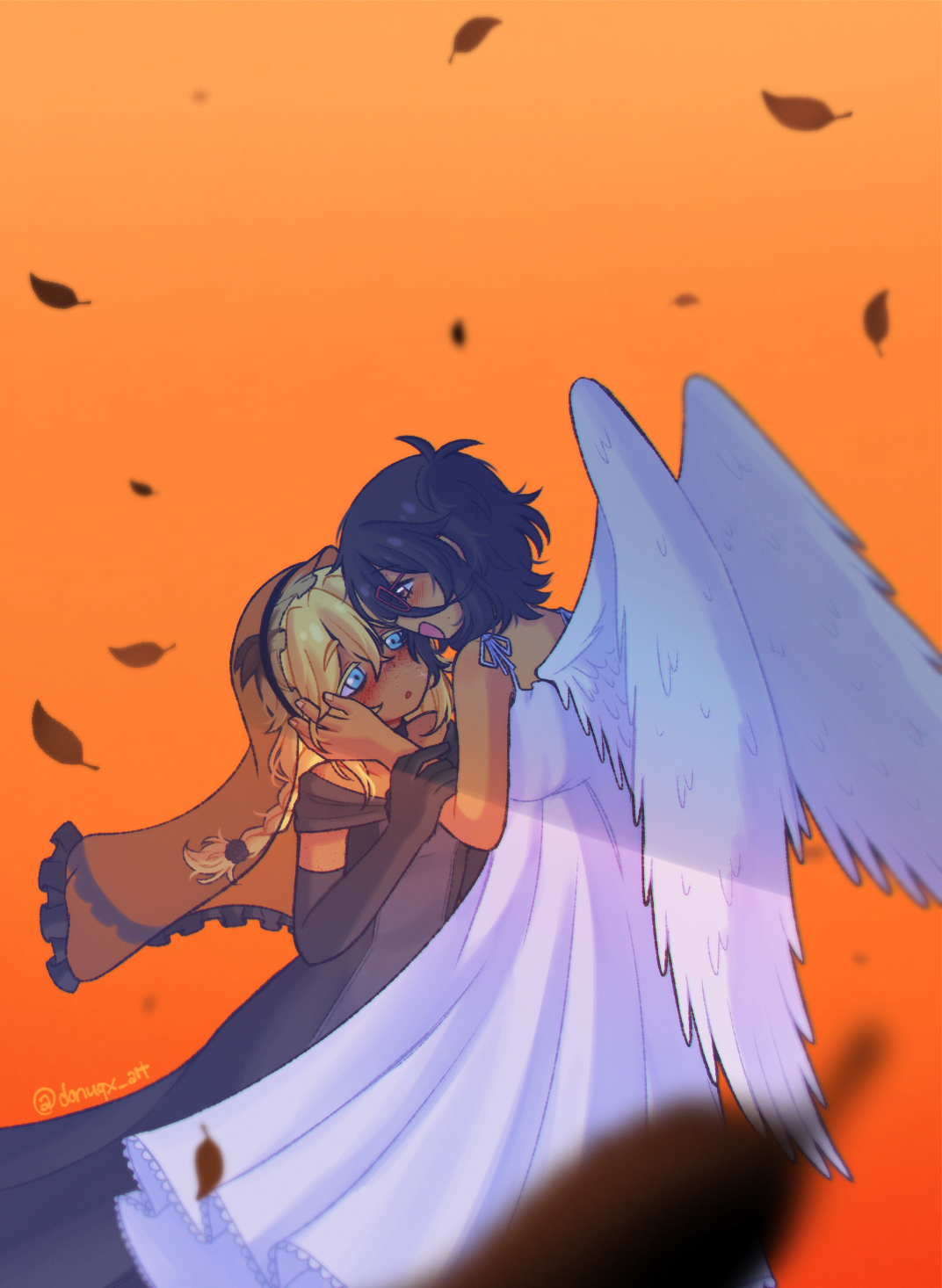 donuqx, basil (faraway) (omori), basil (omori), mincy (omori), omori, commentary, english commentary, highres, 2girls, alternate costume, alternate skin color, angel wings, antenna hair, autumn leaves, black dress, black gloves, black hair, blonde hair, blue eyes, blush, braid, brown eyes, dark-skinned female, dark-skinned male, dark skin, double-parted bangs, dress, elbow gloves, eye contact, freckles, genderswap, genderswap (mtf), glasses, gloves, hand on another's cheek, hand on another's face, leaf, long hair, looking at another, low twin braids, multiple girls, open mouth, orange background, parted lips, red-framed eyewear, short hair, smile, twin braids, twitter username, white dress, wings, yuri