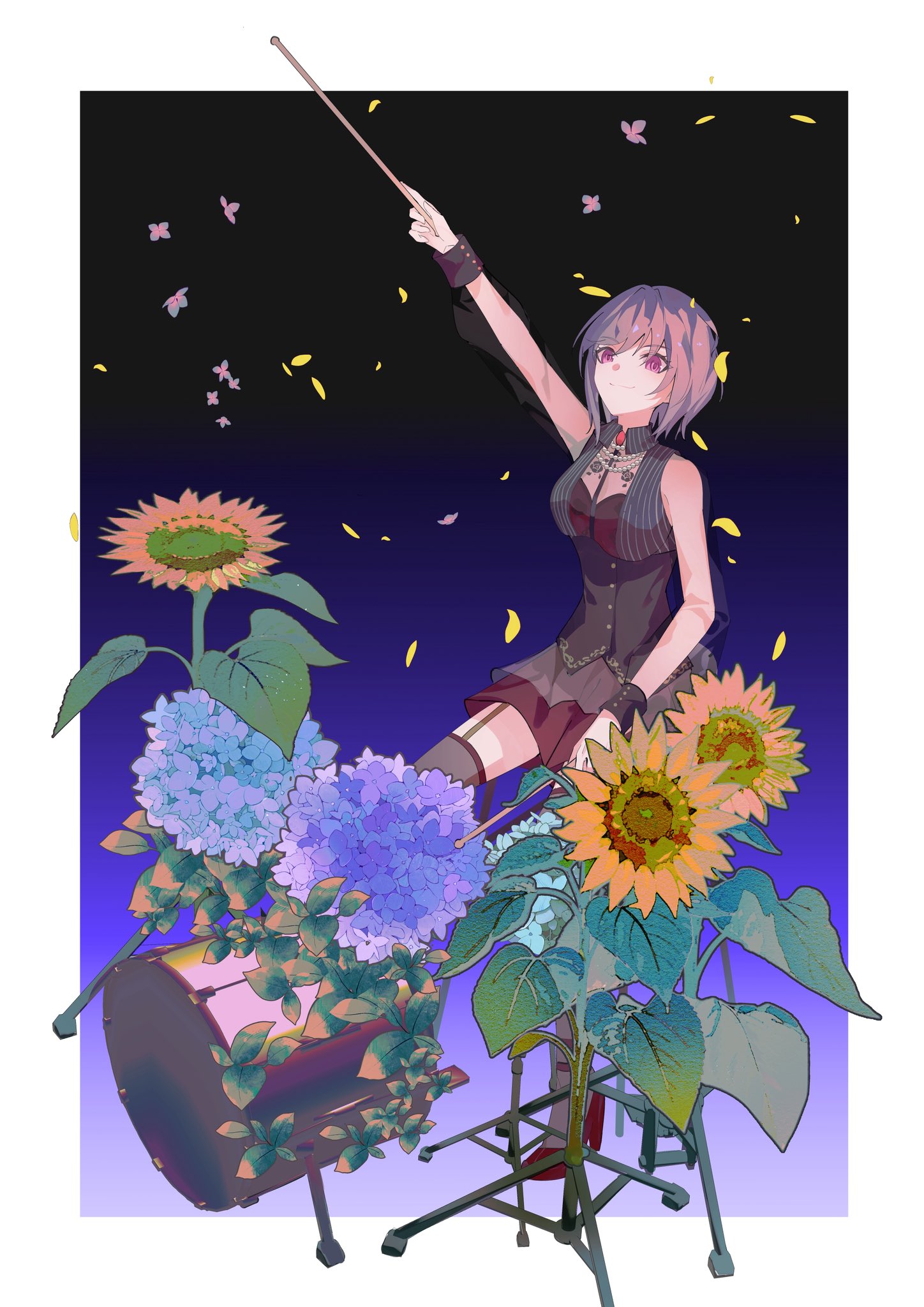 ampheta, amoris (bang dream!), yuutenji nyamu, bang dream!, bang dream! it's mygo!!!!!, chinese commentary, commentary request, highres, 1girl, arm up, blue background, breasts, closed mouth, drum, drum set, drumsticks, flower, garter straps, grey thighhighs, holding, holding drumsticks, instrument, long sleeves, medium breasts, pink eyes, purple hair, red shorts, see-through clothes, see-through sleeves, short hair, shorts, solo, sunflower, thighhighs