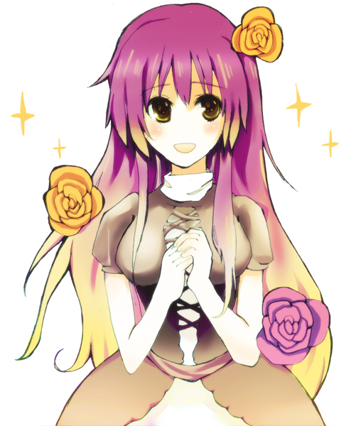 kugu san, hijiri byakuren, touhou, bad id, bad pixiv id, 1girl, dress, female focus, flower, gradient hair, long hair, multicolored hair, solo, white background, yellow eyes