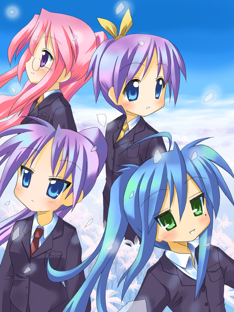 mike gatsu, hiiragi kagami, hiiragi tsukasa, izumi konata, takara miyuki, lucky star, 00s, 4girls, ahoge, blue eyes, blue hair, blush, formal clothes, green eyes, long hair, mole, mole under eye, multiple girls, pink hair, ponytail, purple eyes, purple hair, short hair, sisters, suit, tareme, tsurime, twins