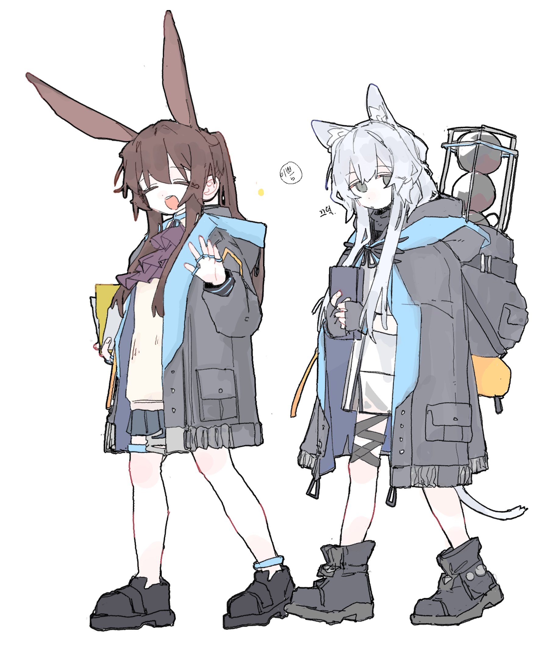 ryne 25, amiya (arknights), rosmontis (arknights), arknights, highres, 2girls, animal ear fluff, animal ears, ascot, black cloak, black shoes, book, brown hair, cat ears, cat girl, cat tail, cloak, closed eyes, closed mouth, full body, green eyes, hair between eyes, hand up, holding, holding book, hood, hood down, jewelry, long hair, long sleeves, looking at viewer, multiple girls, multiple rings, open cloak, open clothes, open mouth, ponytail, purple ascot, rabbit ears, rabbit girl, ring, ring on every finger, shirt, shoes, simple background, tail, teeth, upper teeth only, walking, waving, white background