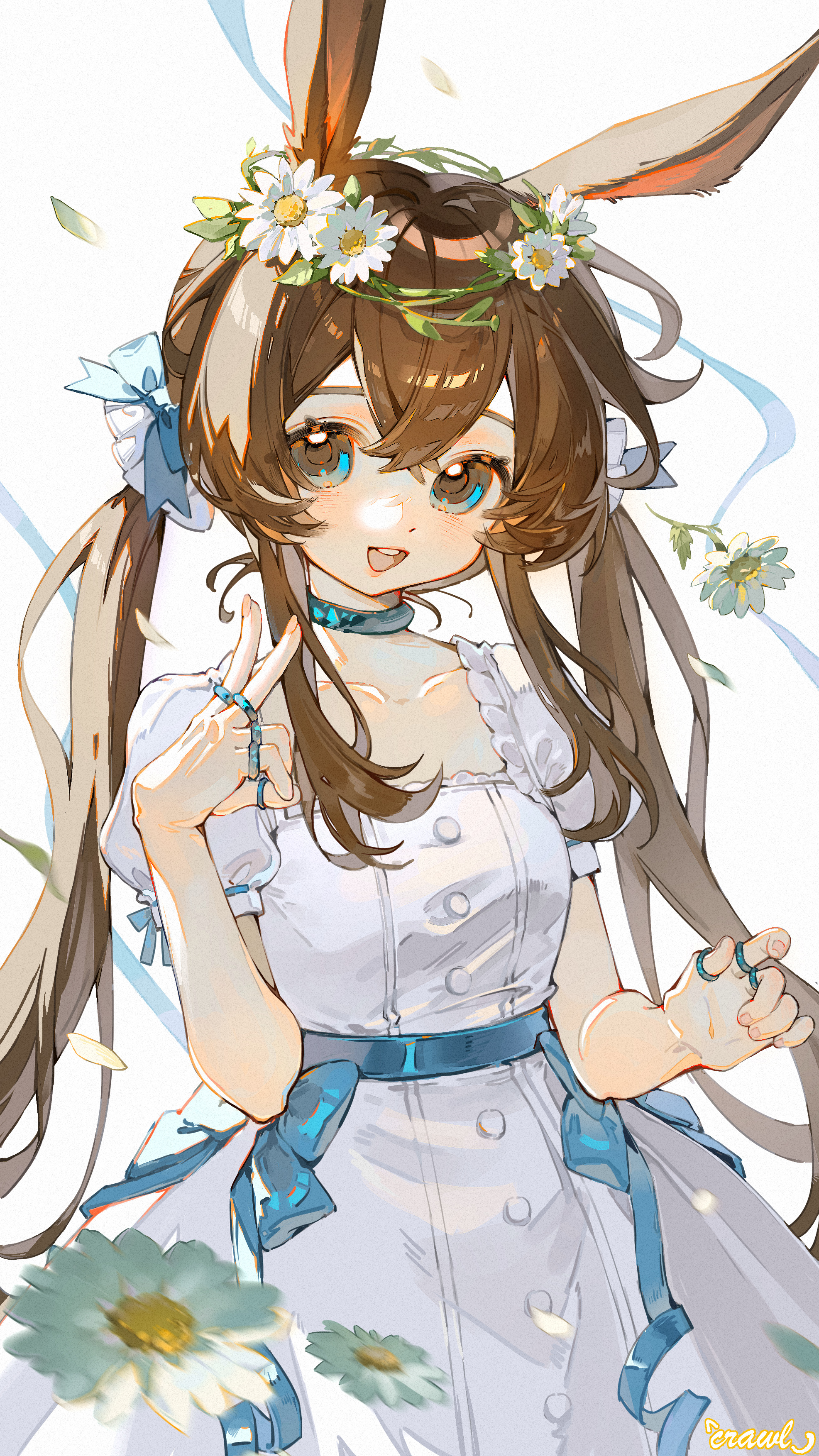amiya (arknights), arknights, absurdres, chinese commentary, commentary request, highres, 1girl, :d, aged down, alternate costume, animal ears, blue collar, blue eyes, blue ribbon, brown hair, collar, cowboy shot, dress, flower, flower wreath, hair between eyes, head wreath, jewelry, long hair, looking at viewer, multiple rings, open mouth, rabbit ears, rabbit girl, ribbon, ring, smile, solo, standing, twintails, white background, white dress, white flower, xiao pa crawl