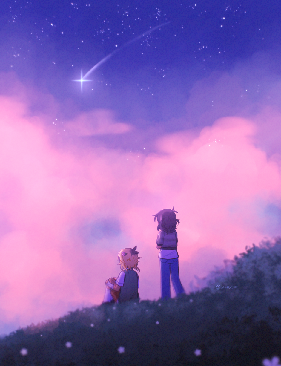 donuqx, basil (faraway) (omori), basil (omori), mincy (omori), omori, commentary, english commentary, highres, 1boy, 1girl, alternate skin color, antenna hair, bandaged arm, bandages, black hair, black shoes, blonde hair, blue pants, blue sky, brown shorts, cloud, cropped hoodie, cumulonimbus cloud, dark-skinned male, dark skin, denim, film grain, flower, from behind, full body, green sweater vest, grey hoodie, hair flower, hair ornament, hill, hood, hood down, hoodie, jeans, kneehighs, knees up, leaf, multicolored hair, on grass, outdoors, pants, pink clouds, pink flower, roots (hair), shirt, shoes, shooting star, short hair, short sleeves, shorts, sitting, sky, socks, sparkle, standing, star (sky), starry sky, striped clothes, striped hoodie, sweater vest, twitter username, two-tone hair, white shirt, white socks