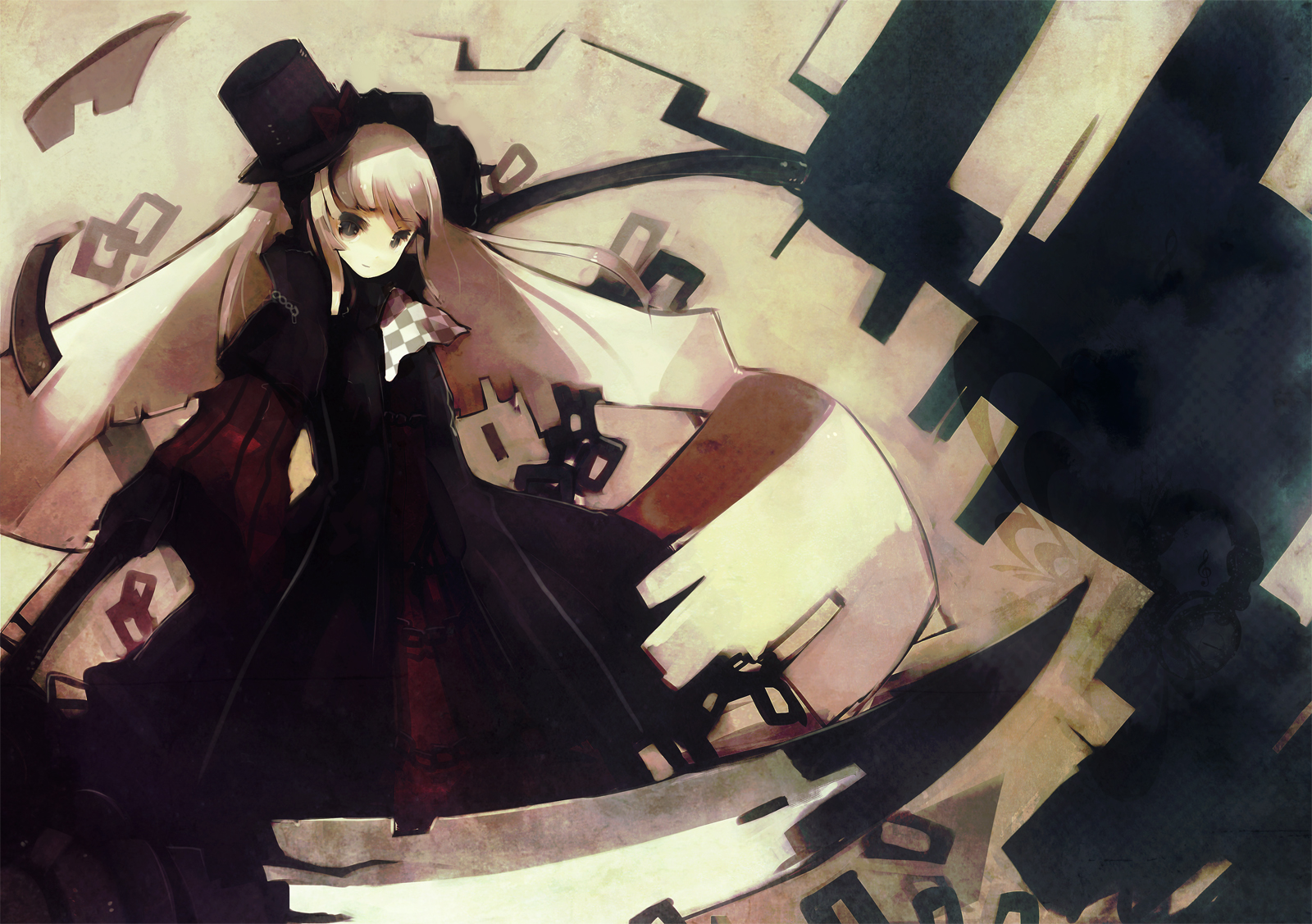 nekotewi, original, bad id, bad pixiv id, highres, blonde hair, dress, hat, long hair, scythe, solo, yellow eyes