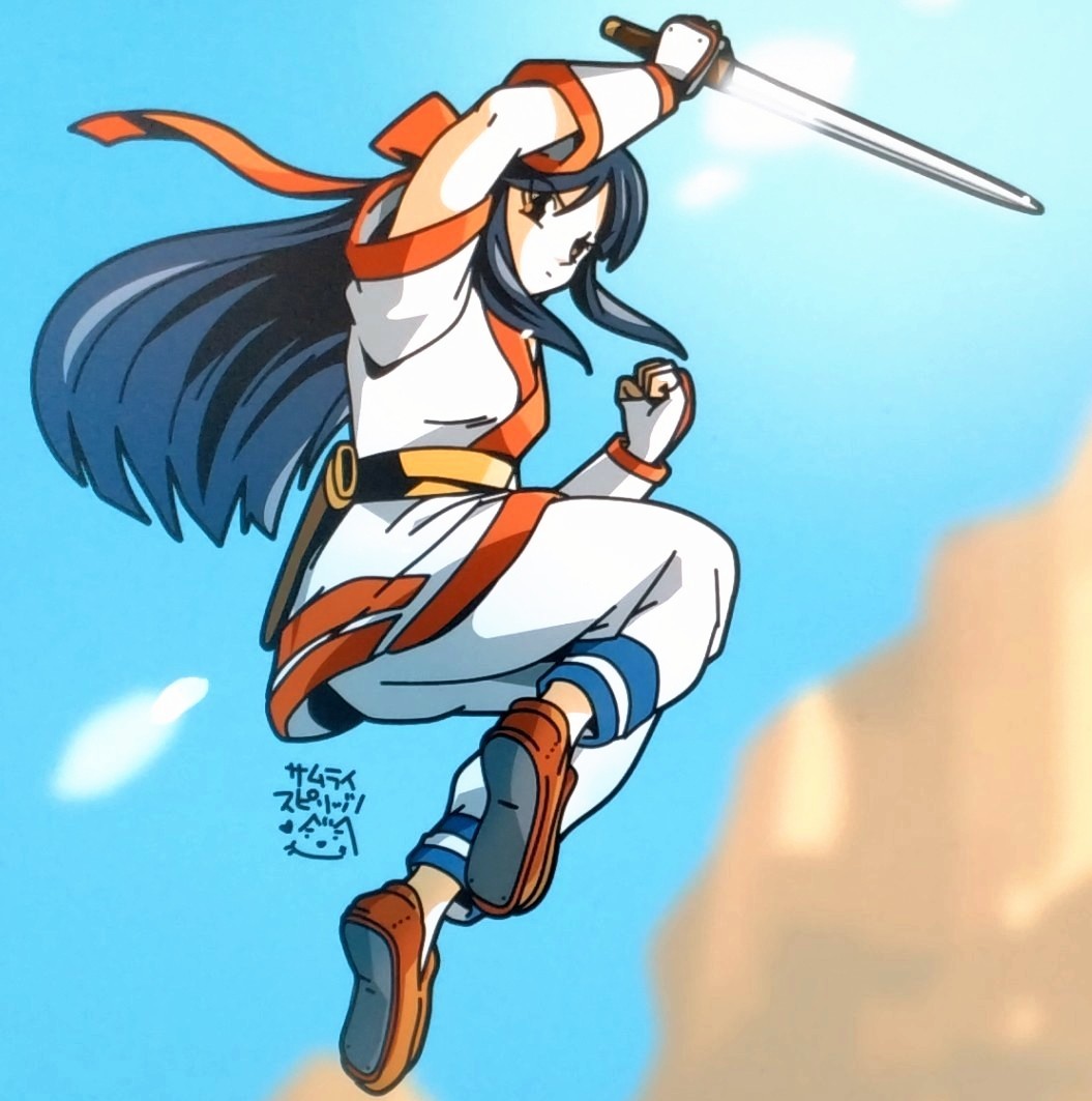 nakoruru, samurai spirits, snk, the king of fighters, translated, 1girl, ainu clothes, arm up, ass, blue hair, brown eyes, clenched hand, fingerless gloves, gloves, hair ribbon, japanese text, jumping, legs, long hair, looking at viewer, looking back, pants, ribbon, serious, solo, thighs, weapon