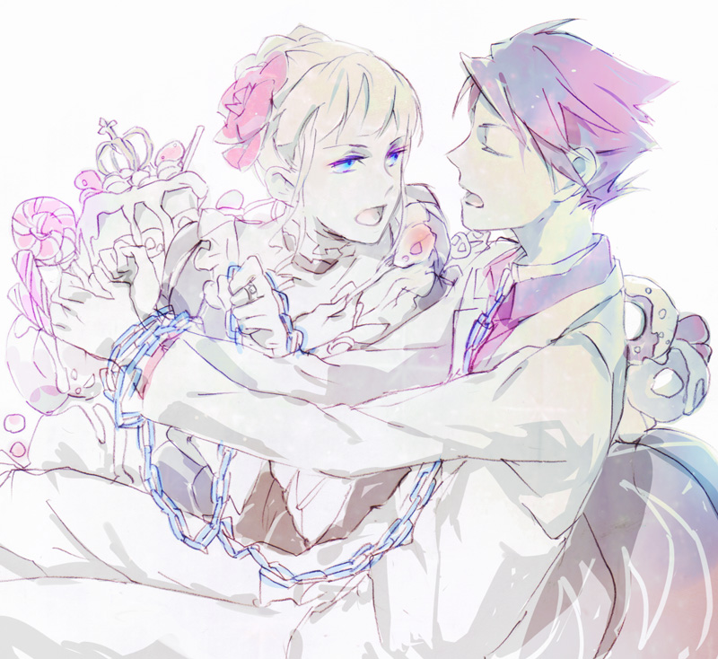 kazune (baumkuchen), beatrice (umineko), ushiromiya battler, umineko no naku koro ni, 00s, blonde hair, blue eyes, candy, chain, choker, crown, dress, feeding, flower, food, hair ornament, leash, red hair, rose, sketch