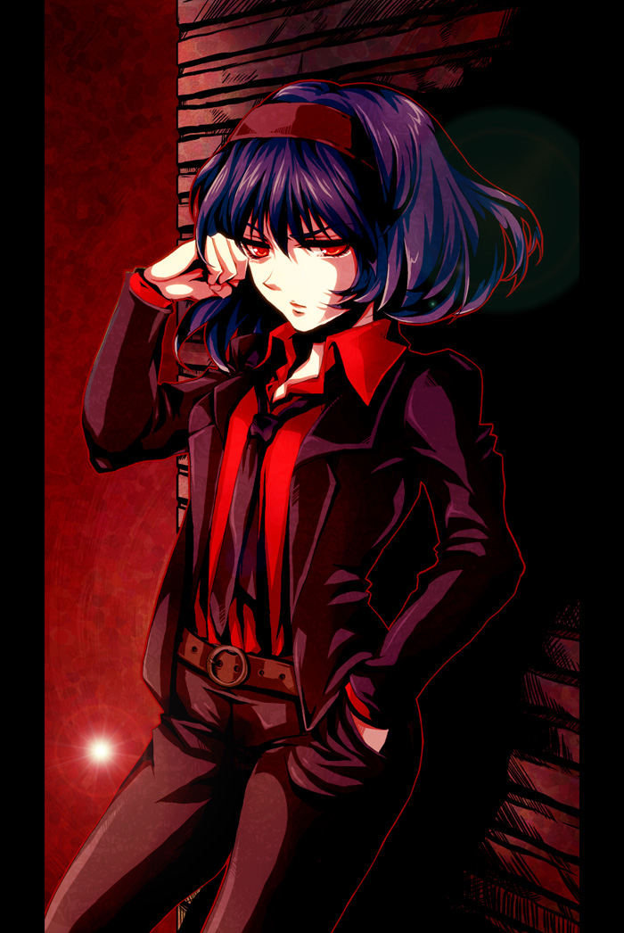 awa toka, yasaka kanako, touhou, bad id, bad pixiv id, 1girl, belt, female focus, formal clothes, hairband, hand in pocket, necktie, pant suit, pants, purple hair, red eyes, short hair, solo, suit
