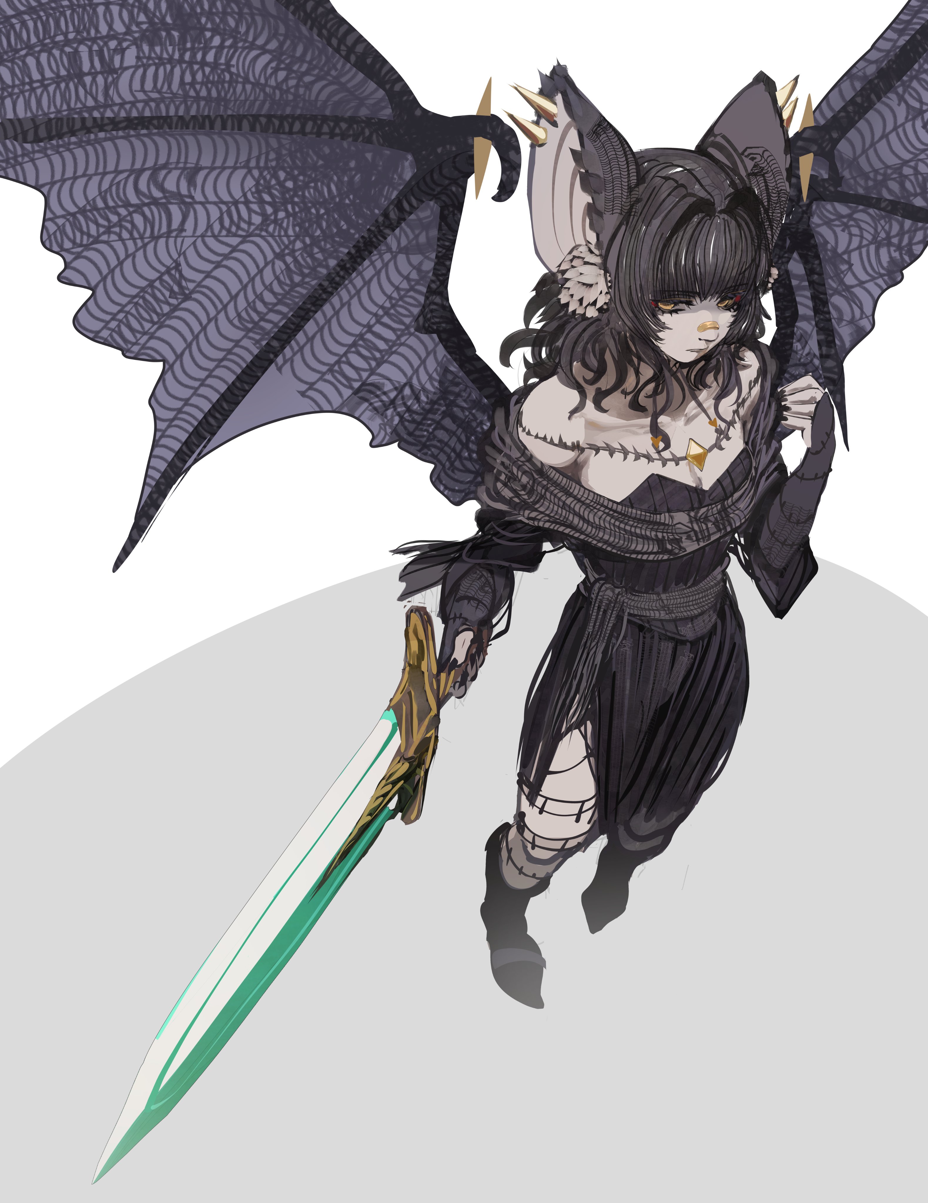 tomatolover16, dark souls (series), dark souls ii, original, absurdres, commentary, english commentary, highres, 1girl, animal ear fluff, animal ear piercing, animal ears, bare shoulders, bat ears, bat girl, bat wings, black dress, black hair, black nails, breasts, cleavage, closed mouth, dress, full body, gem, holding, holding sword, holding weapon, long hair, long sleeves, monster girl, moonlight greatsword, simple background, small breasts, solo, sword, weapon, white background, wings, yellow eyes, yellow gem, zullie (youtube)