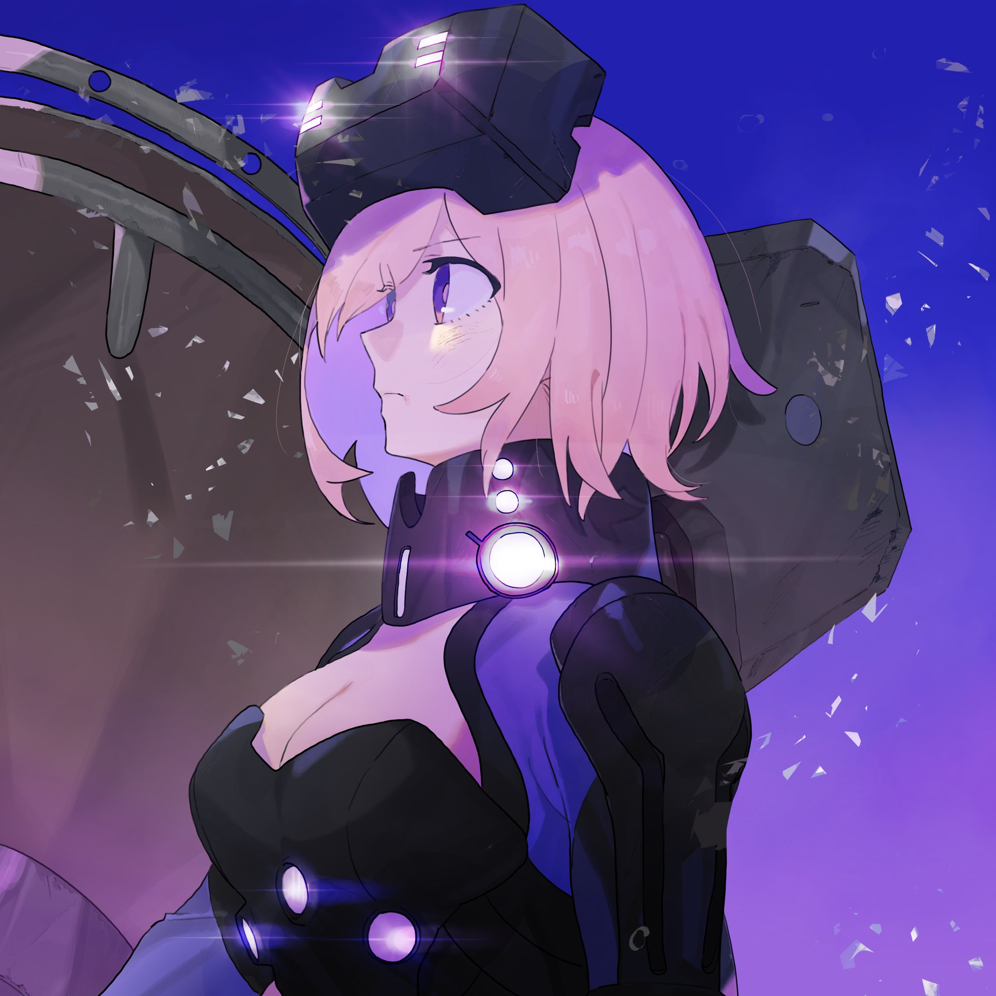 machi (wm), mash kyrielight, mash kyrielight (ortenaus), fate/grand order, fate (series), commentary request, highres, 1girl, black leotard, blue background, breasts, cleavage, head-mounted display, leotard, looking to the side, shield, solo, upper body