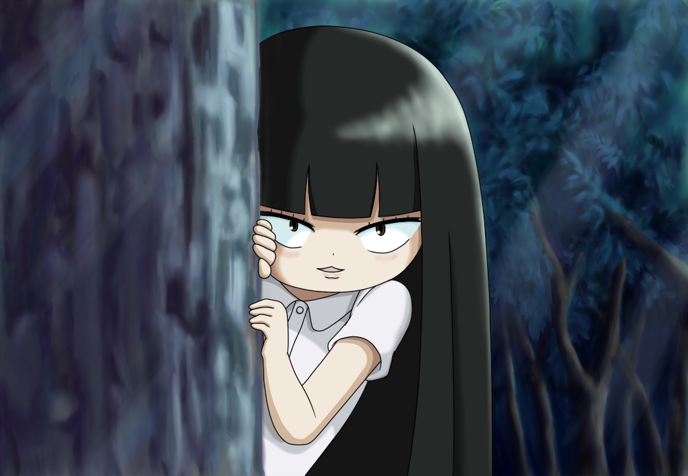 hshskt, kuronuma sawako, kimi ni todoke, 00s, 1girl, black eyes, black hair, female focus, forest, ghost, long hair, nature, outdoors, peeking out, solo, tree