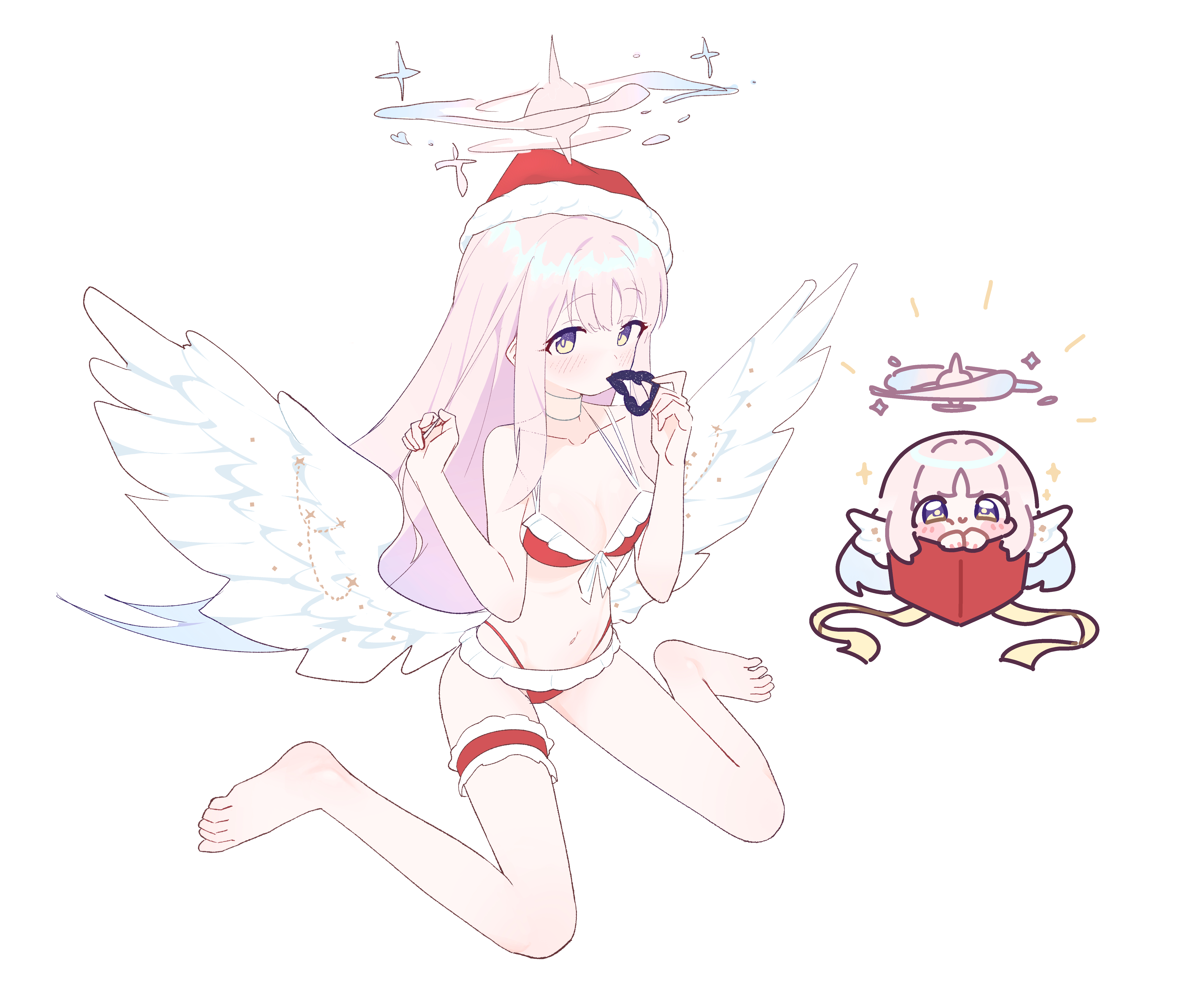 ishikoro24, mika (blue archive), blue archive, absurdres, commentary request, highres, korean commentary, 1girl, barefoot, bikini, chibi, dot nose, feathered wings, fur-trimmed headwear, fur trim, halo, legband, long hair, looking at viewer, low wings, navel, red bikini, santa bikini, santa costume, simple background, sitting, solo, swimsuit, wariza, wings, yellow eyes