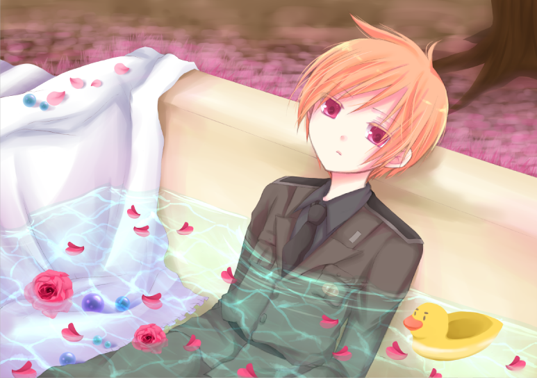 shio konbu (syoko128), claus (mother 3), mother (series), mother 3, nintendo, bad id, bad pixiv id, 1boy, bathtub, formal clothes, male focus, orange hair, petals, red eyes, rose petals, rubber duck, solo, suit