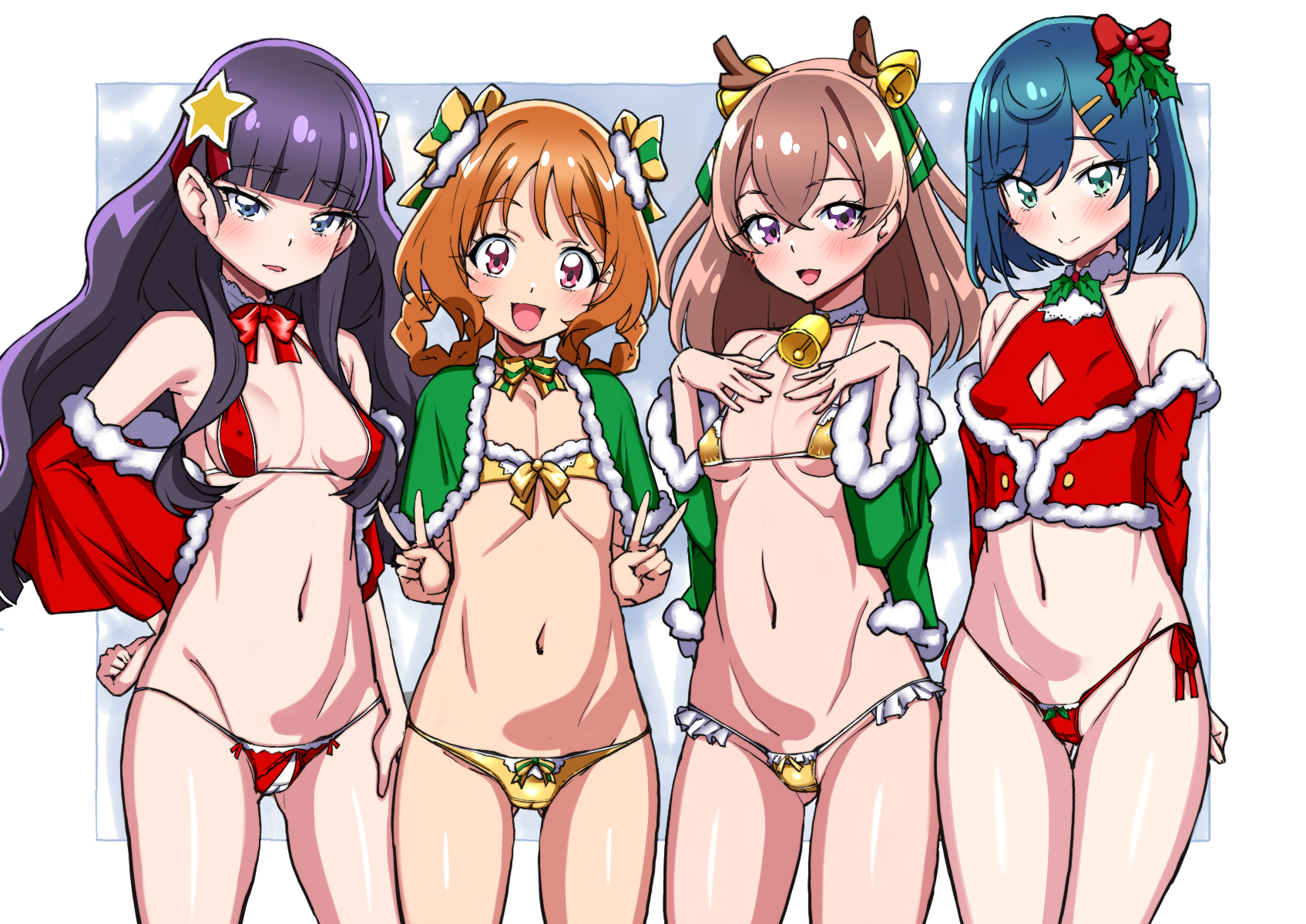 asortofcolorfag, miyagoe yoshitsuki, fuwa kokone, hanamichi ran, kasai amane, nagomi yui, delicious party precure, precure, commentary, commentary request, english commentary, highres, large variant set, mixed-language commentary, variant set, arms behind back, bell, bikini, blue eyes, blue hair, blush, breasts, brown hair, cameltoe, capelet, closed mouth, cropped jacket, double v, eyebrows hidden by hair, fake antlers, flat chest, fur-trimmed capelet, fur-trimmed jacket, fur trim, gluteal fold, gold bikini, gold bra, gold panties, groin, hair ornament, hair rings, hairclip, hands on own chest, jacket, lips, long hair, looking at viewer, medium hair, micro panties, navel, neck bell, open mouth, orange hair, panties, purple hair, red eyes, red panties, small breasts, smile, stomach, swimsuit, thigh gap, underwear, v