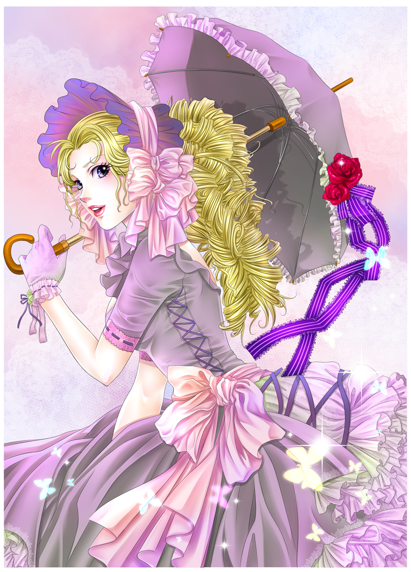 tamari (flawless), marie antoinette (versailles no bara), versailles no bara, bad id, bad pixiv id, 1970s (style), 1girl, bare back, blonde hair, blue eyes, bonnet, bow, bug, butterfly, curly hair, dress, drill hair, female focus, flower, frills, gloves, gown, insect, lipstick, long hair, makeup, oldschool, parasol, petticoat, pink bow, pink lips, retro artstyle, ribbon, rose, smile, solo, striped ribbon, teeth, too many, umbrella, umbrella flower, victorian