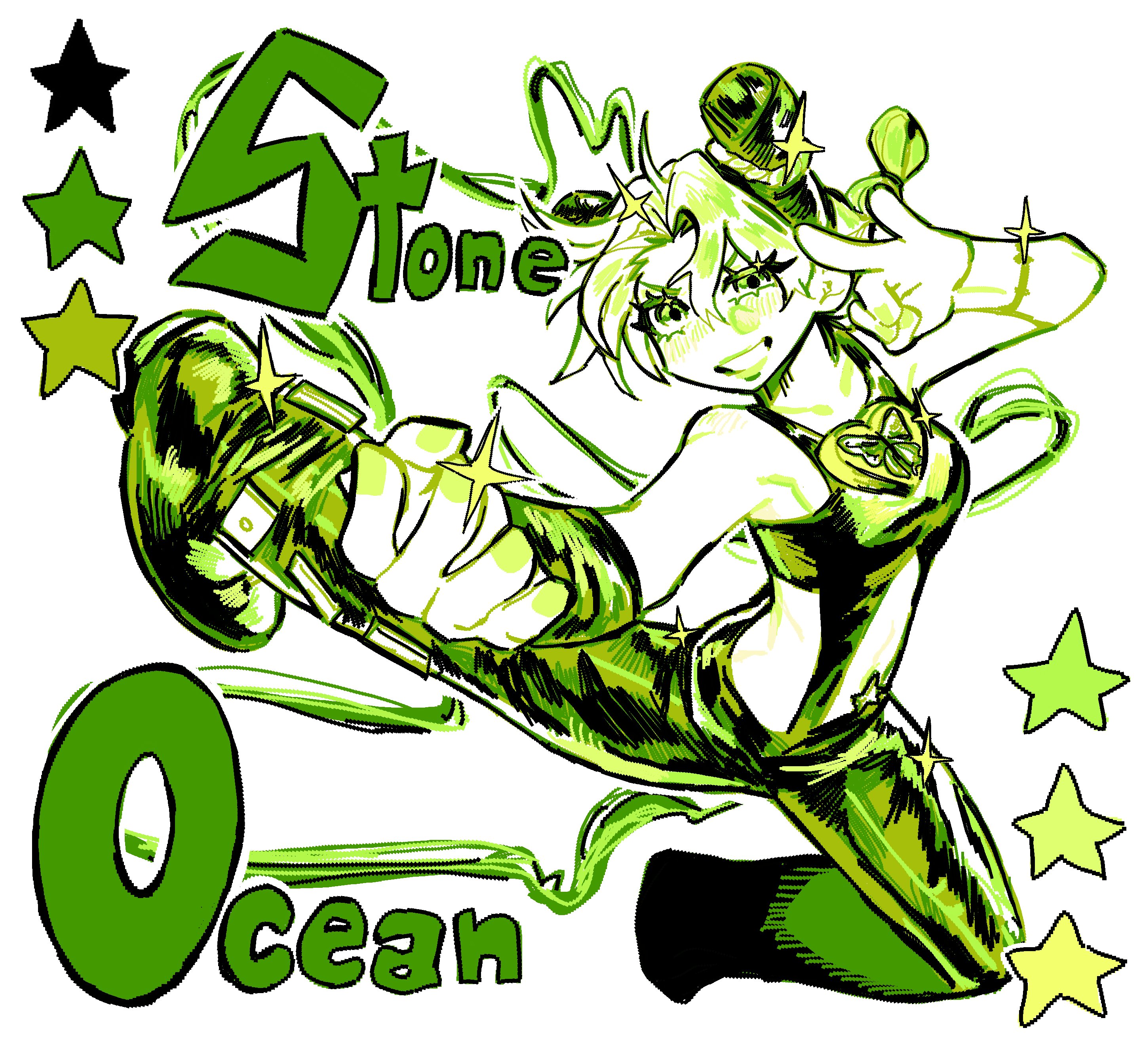 luen24755844, kuujou jolyne, jojo no kimyou na bouken, stone ocean, absurdres, hashtag-only commentary, highres, 1girl, braid, braided ponytail, cone hair bun, copyright name, crop top, double bun, green theme, hair bun, heart ornament, jojo pose, midriff, monochrome, multicolored hair, pants, smile, solo, star (symbol), tank top, two-tone hair