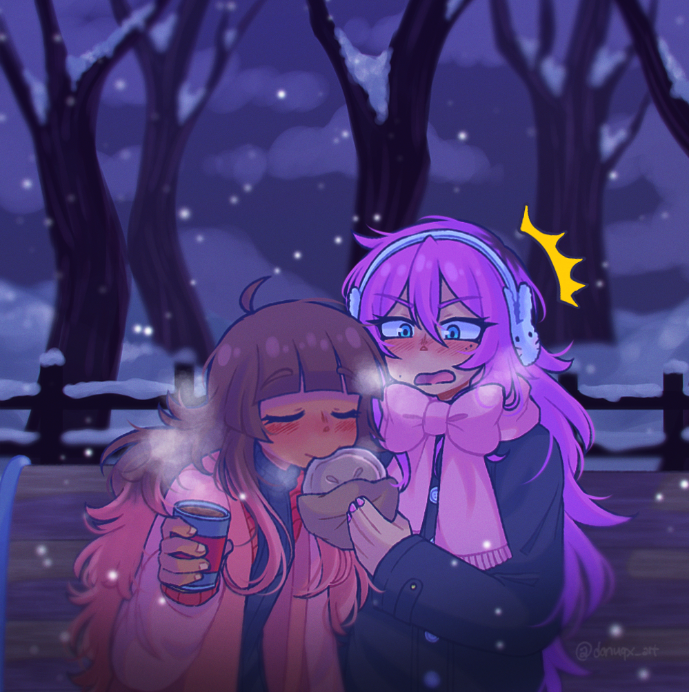 donuqx, aubrey (faraway) (omori), aubrey (omori), omori, commentary, english commentary, 2girls, ahoge, bare tree, black coat, black sweater, blue eyes, blunt bangs, blurry, blurry background, blush, brown hair, cardigan, closed eyes, closed mouth, coat, cup, dark-skinned female, dark skin, double-parted bangs, earmuffs, eating, gradient hair, hair between eyes, holding, holding cup, long hair, long sleeves, looking at another, mole, mole under eye, mole under mouth, multicolored hair, multiple girls, night, oc x canon, open cardigan, open clothes, open mouth, outdoors, pink cardigan, pink hair, pink nails, pink scarf, plant roots, ribbed sweater, scarf, snow, snowing, sweater, tree, vix (donuqx), yuri
