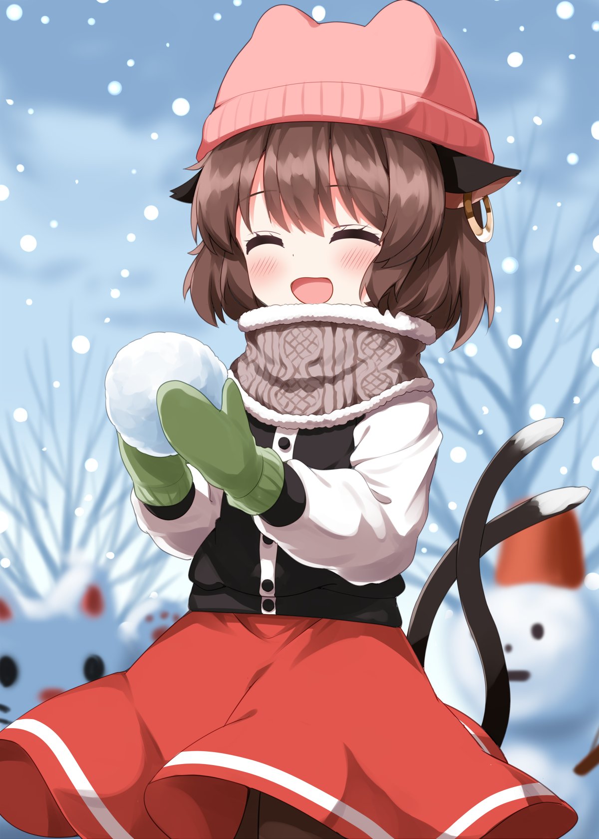 ruu (tksymkw), chen, touhou, commentary, highres, 1girl, :d, ^ ^, animal ear piercing, animal ears, animal hat, black pantyhose, black vest, blush, brown hair, brown scarf, cat ears, cat girl, cat hat, cat tail, closed eyes, cowboy shot, day, earrings, fur-trimmed scarf, fur trim, green mittens, hat, holding, holding snowball, jewelry, long sleeves, mittens, multiple tails, open mouth, outdoors, pantyhose, pink hat, red skirt, scarf, shirt, short hair, single earring, skirt, smile, snowball, snowing, snowman, solo, tail, two tails, vest, white shirt, winter