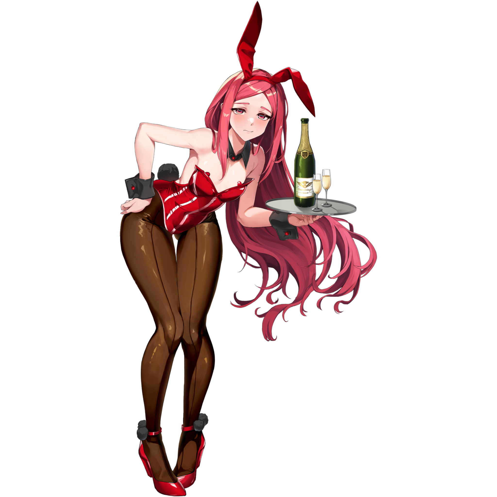 u-rix, night angel (last origin), last origin, highres, non-web source, official art, 1girl, animal ear hairband, animal ears, black collar, black wrist cuffs, blush, breasts, brown pantyhose, champagne bottle, champagne flute, closed mouth, collar, covered navel, cup, detached collar, drinking glass, english text, fake animal ears, fake tail, flat chest, full body, glass bottle, gluteal fold, hairband, hand on own hip, heart pasties, high heels, highleg, highleg leotard, holding, holding tray, leaning forward, leotard, long hair, looking at viewer, official alternate costume, pantyhose, pasties, pigeon-toed, playboy bunny, pom pom (clothes), rabbit tail, red eyes, red leotard, red shoes, shoes, sidelocks, simple background, solo, standing, tachi-e, tail, transparent background, tray, wrist cuffs